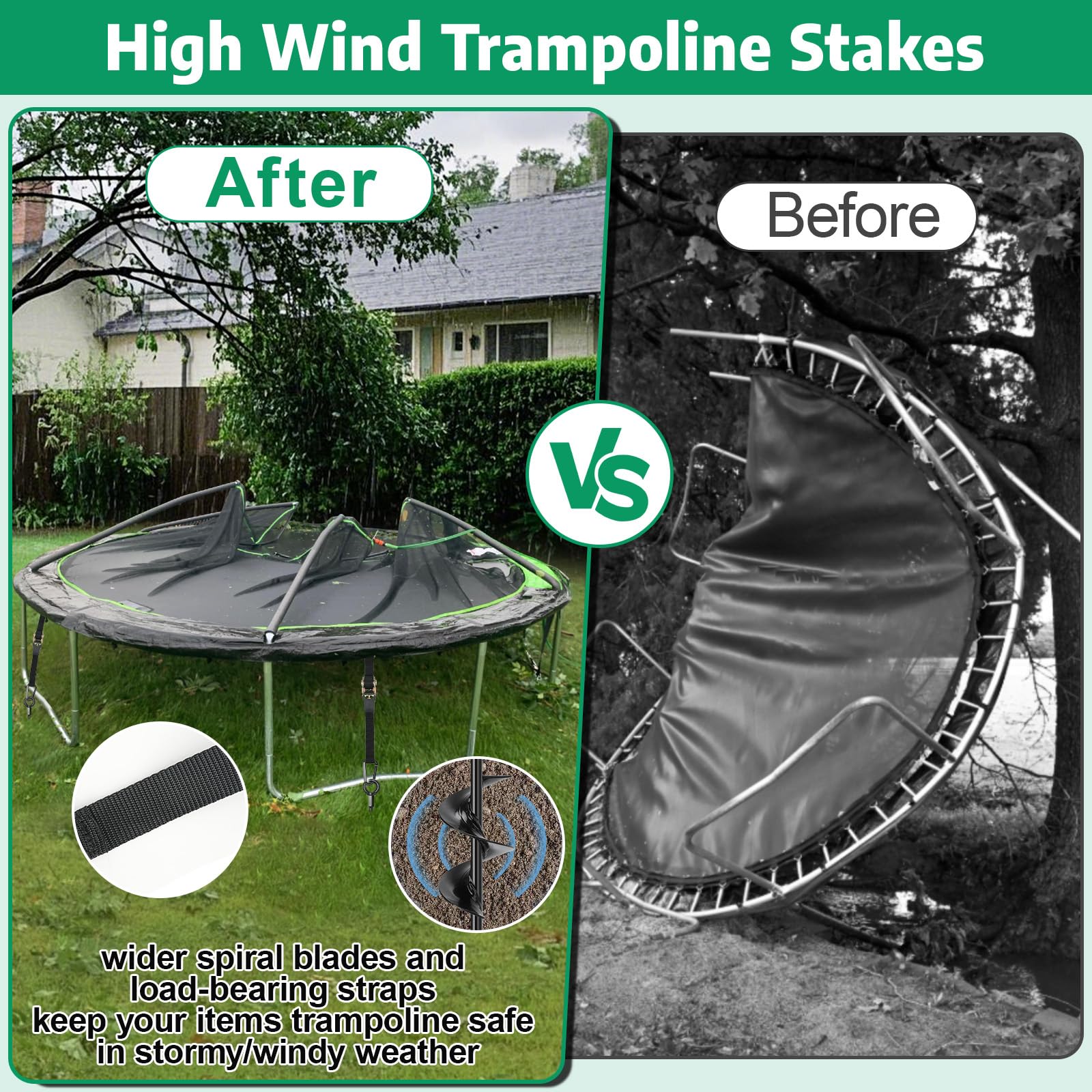 Ancrages au Sol Robustes, 4 piquets spiralés 45 cm pour Vents forts | Piquets à visser 100% soudés avec sangles à cliquet, mousquetons & outils pour trampoline, tonnelle, balançoire, tente & abri