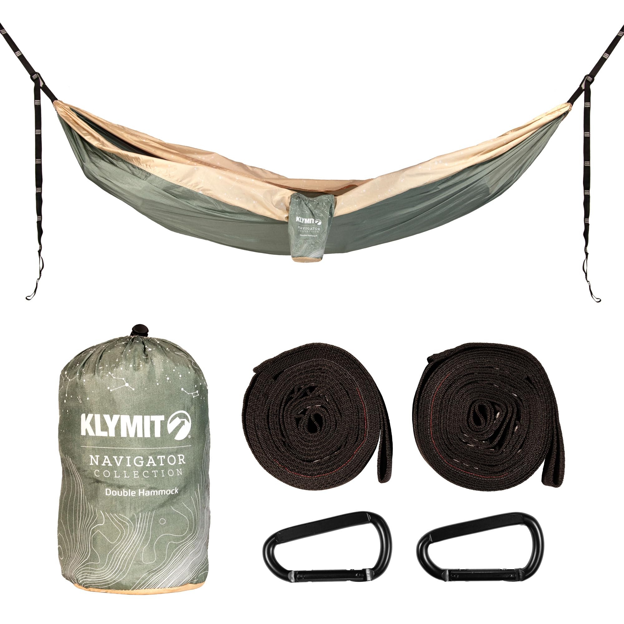 Klymit Double Wide Camping Hammock 400 lb. Capacity with Heavy Duty Straps and Caribiners - Navigator Series - Green