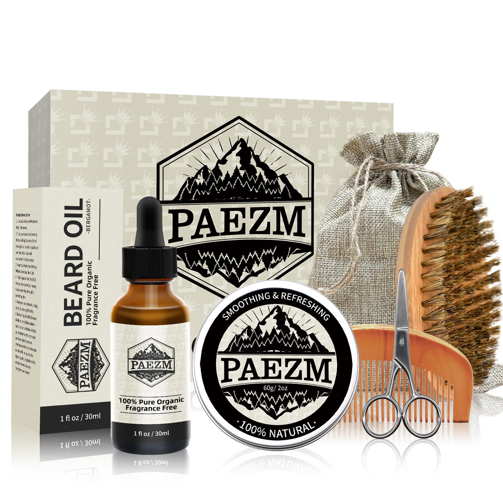 Juego de 5 piezas para el cuidado de la barba para hombre, incluye aceite natural para barba, bálsamo de sándalo, cepillo, peine, tijeras, bolsa de almacenamiento, kit de cuidado de la barba como