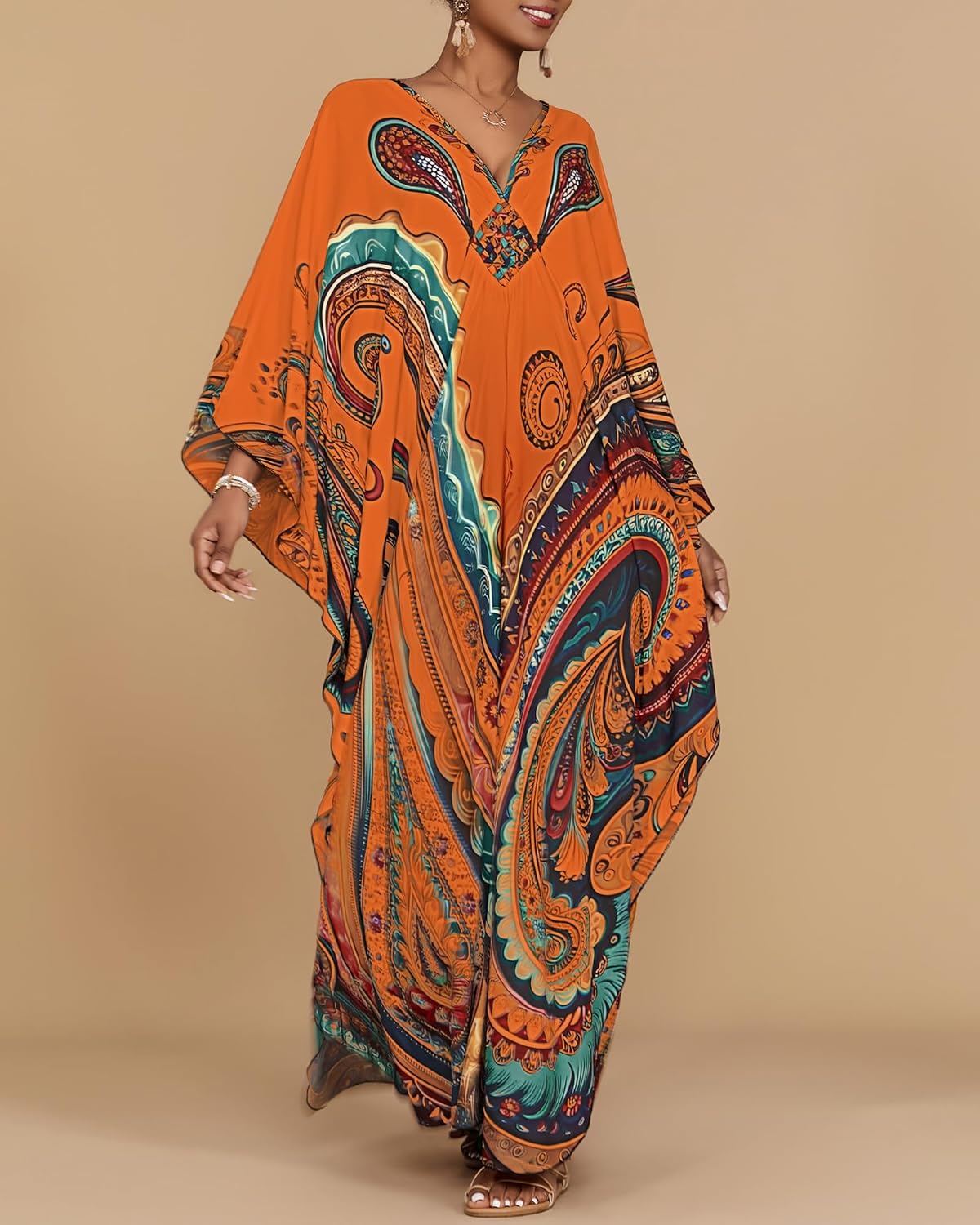 Bsubseach Kaftan Dresses for Women Ethnic Print Plus Size Beach Cover Ups Batwing Sleeve Caftans with Pockets - Image 2