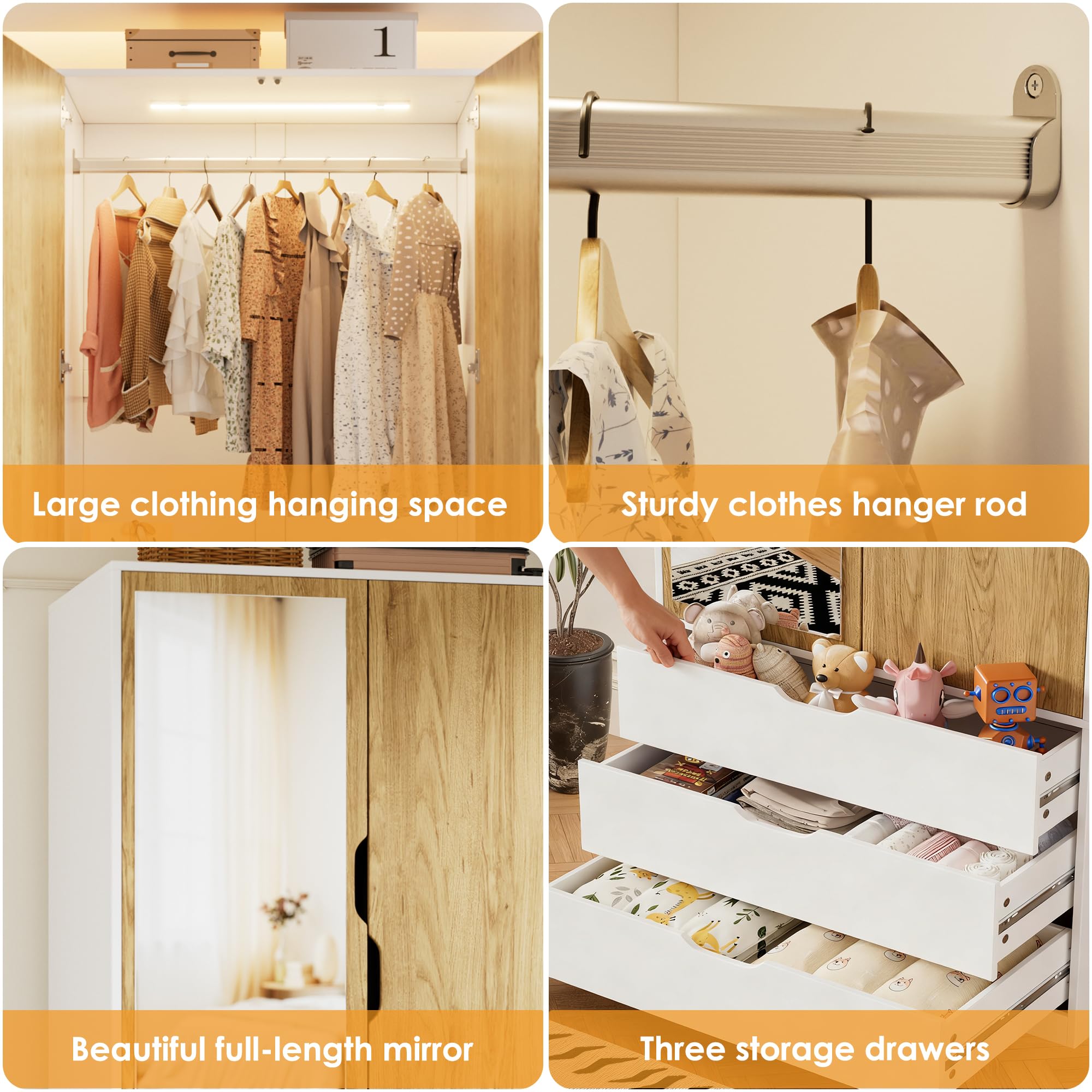Kleiderschrank Weiß, Garderobenschrank 2-türiger mit Spiegel | Beleuchtung mit Bewegungsmelder | 3 Schubladen, Moderner Wardrobe Schrank für Schlafzimmer, Kinderzimmer, Flur | 80 x 180 x 50 cm (B/H/T)