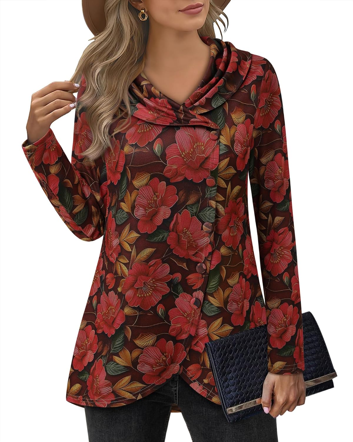 VALOLIA Womens Long Sleeve Tops Fall Winter Buttons Side Tulip Hem Lapel Pullover Sweatshirt