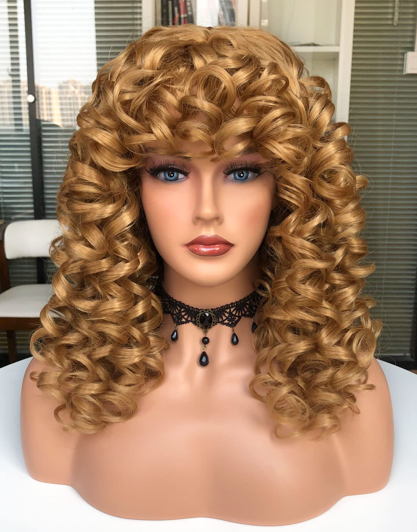 CoCrowns Curly Wig with Bangs for Black Women Long curly Shag Synthetic Hair Wigs Daily Use Cosplay 17 Inch (Blonde) - Image 2