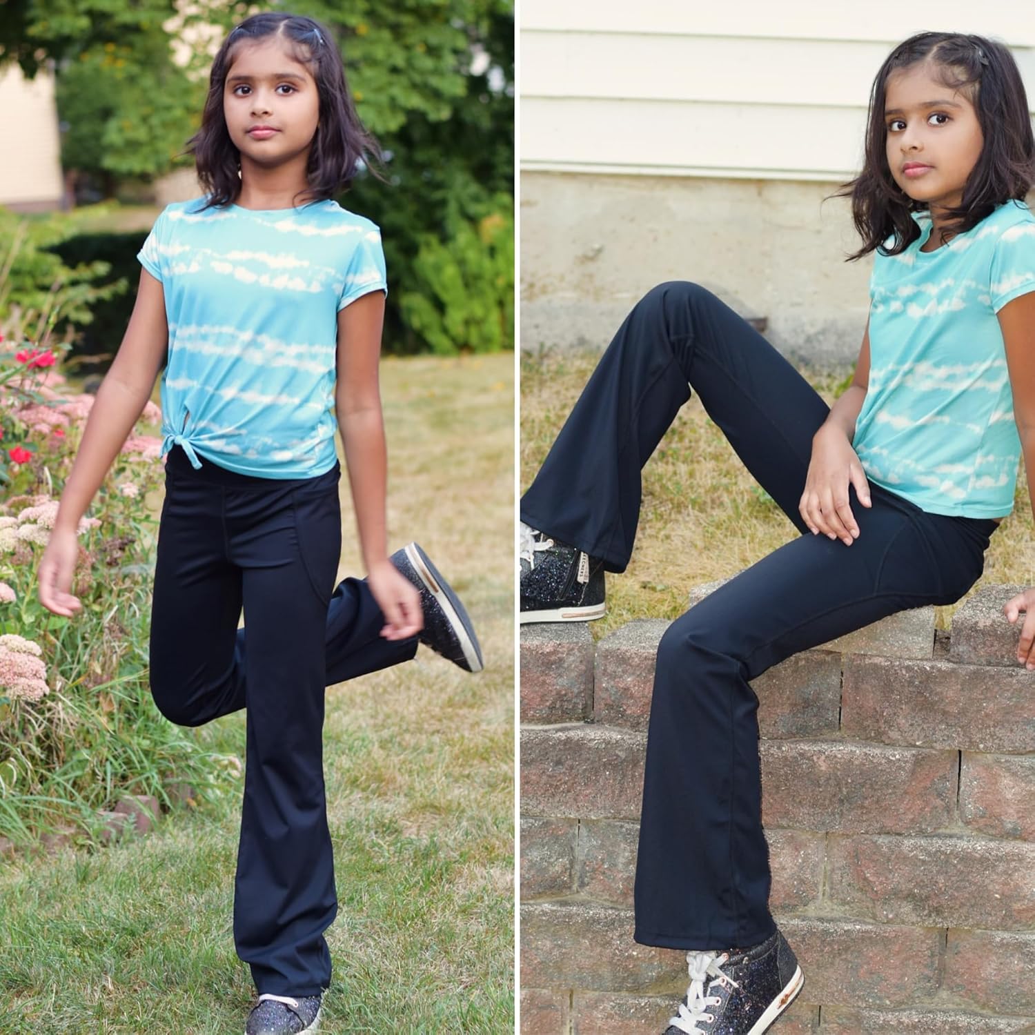 BIG ELEPHANT Girls Flare Leggings with Pockets, High Waisted Bootcut Pants for Kids, Casual Yoga-Style Bell Bottom