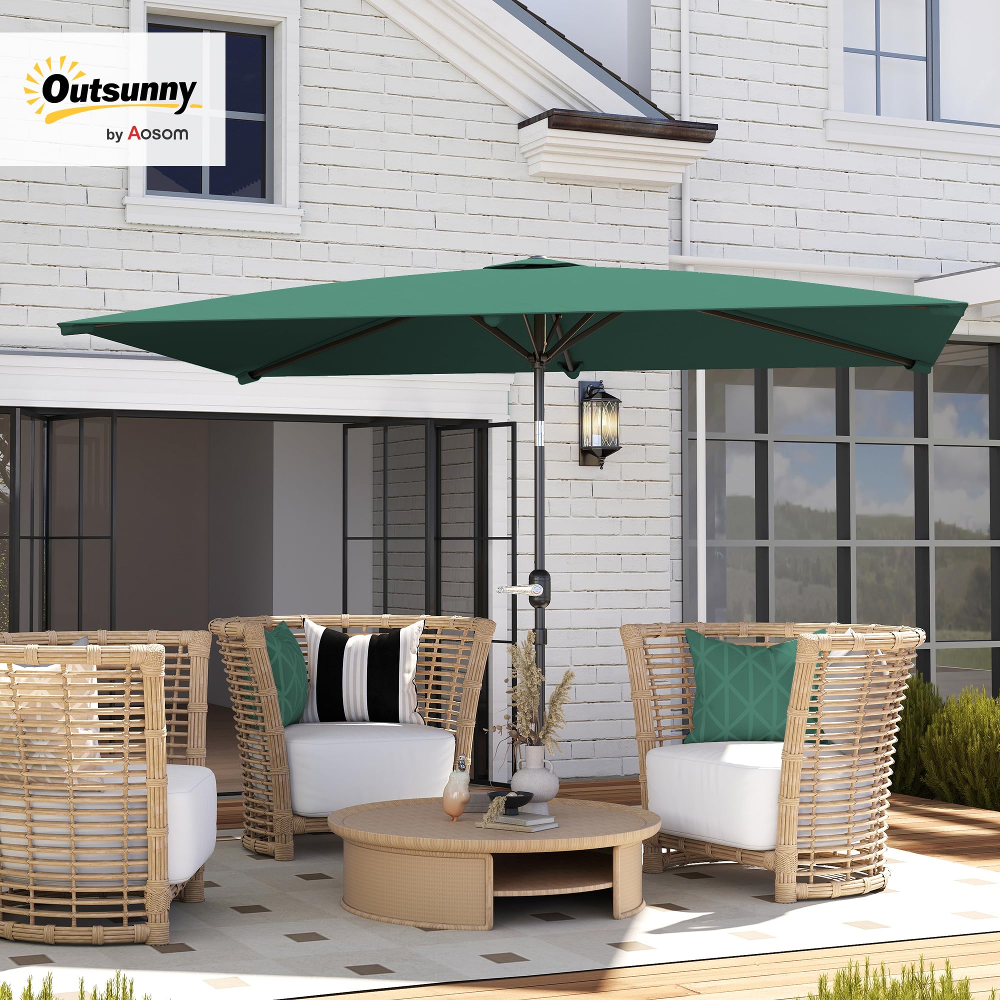 Outsunny Sombrilla de Aluminio 2x3x2,5 m Inclinable con Manivela Verde | Parasol Rectangular de Jardín, Mástil Anti-UV Desmontable, para Terraza Patio Piscina Exterior