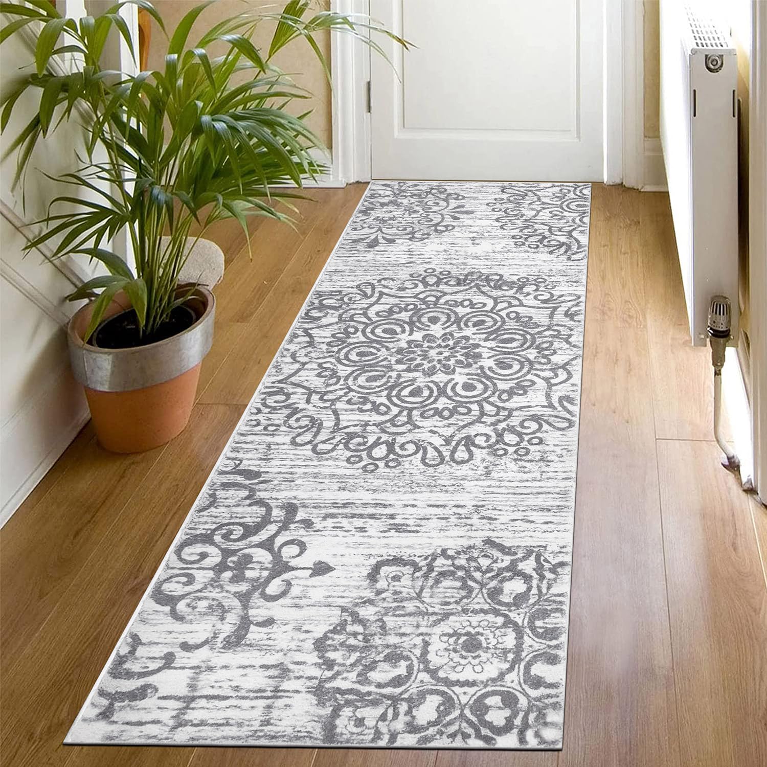 SHACOS Alfombra de Pasillo Étnica Bohemia Gris 60x180cm Alfombra Larga Pelo Corto Shaggy Alfombra de Corredor Antideslizante Alfombra Estrecha Entrada Casa para Pasillo Cocina Dormitorio