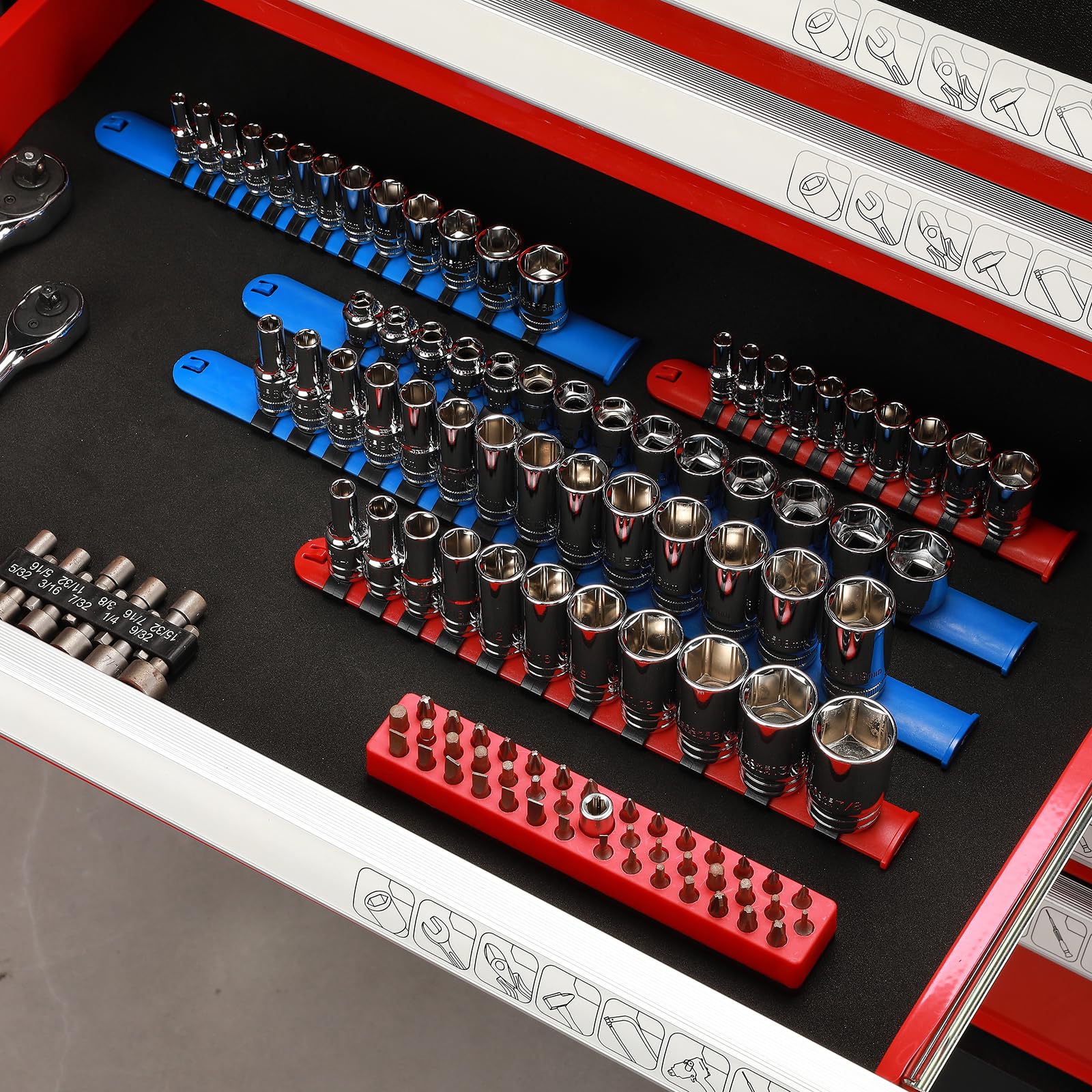 MIXPOWER Set di chiavi a bussola di media lunghezza da 3/8" con guide di stoccaggio, 14 pezzi, 6 punti, 6-19 mm, CR-V, metriche, set di chiavi a bussola semi-profonde