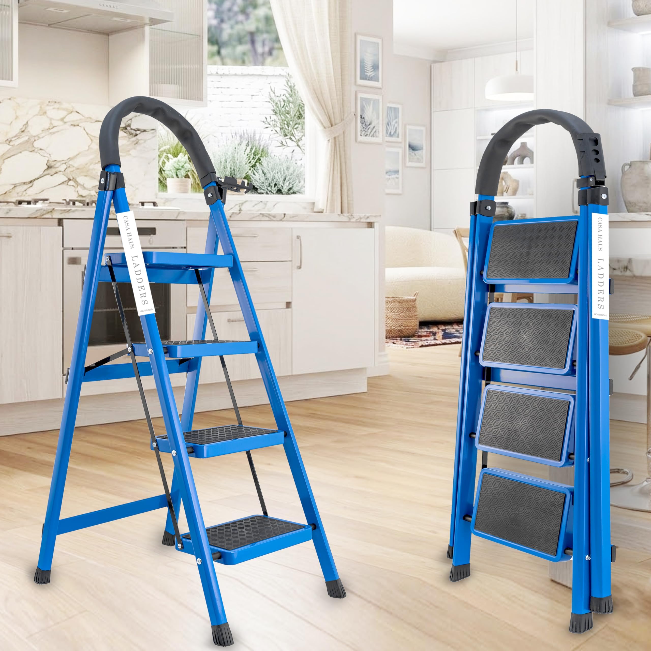 Blue 4 Step Ladder for Home Use with Built-in Tool Tray | Heavy Duty D Shape Rods | Ultra Large Platform | Wide Rubber Feet | 150Kg Capacity Foldable Ladder - 7 Years Warranty
