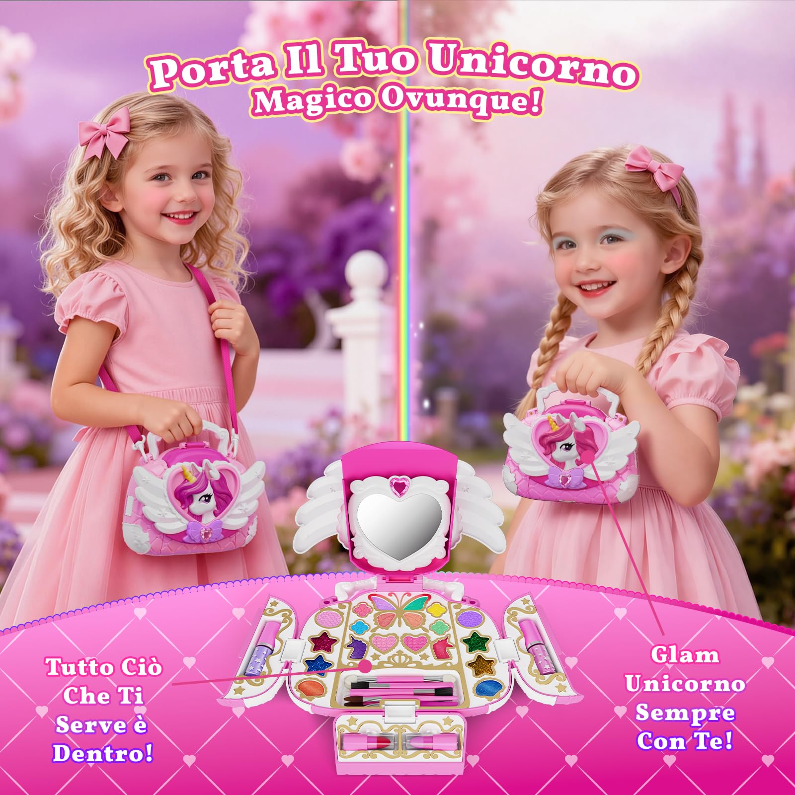 Unicorno Trucchi Bambina Set 3-12, Sicuro Lavabile kit di Trucco da principessa DIY Bambini con Specchio e Cinturino, Valigetta Trucchi Natale Feste Compleanno Regalo Bambina 4 5 6 7 8 9 10 11 12Anni