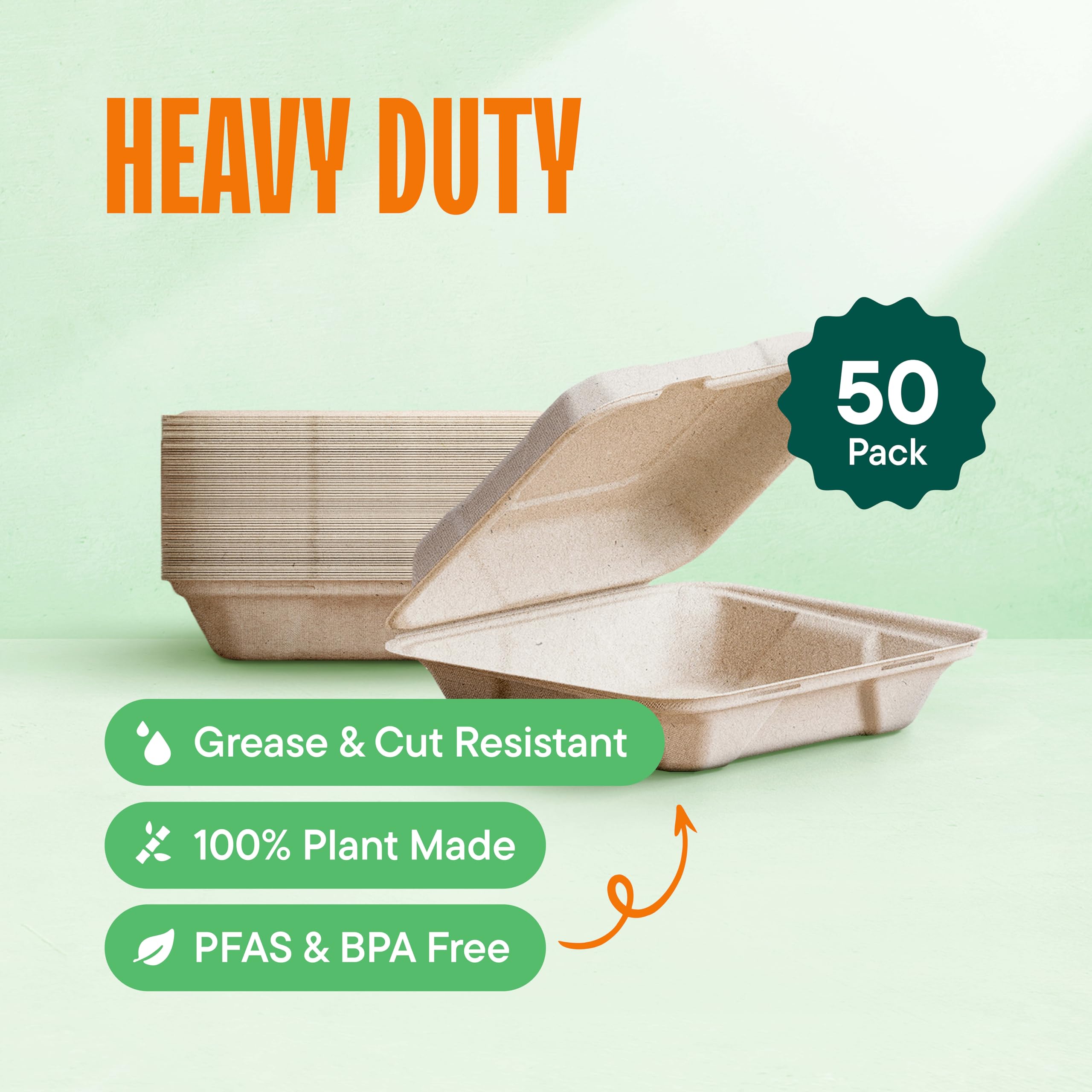 Contenedores de alimentos 100% compostables para sacar, paquete de 50 unidades, de calidad resistente, bagazo desechable natural, biodegradable, hecho de fibras de caña de azúcar
