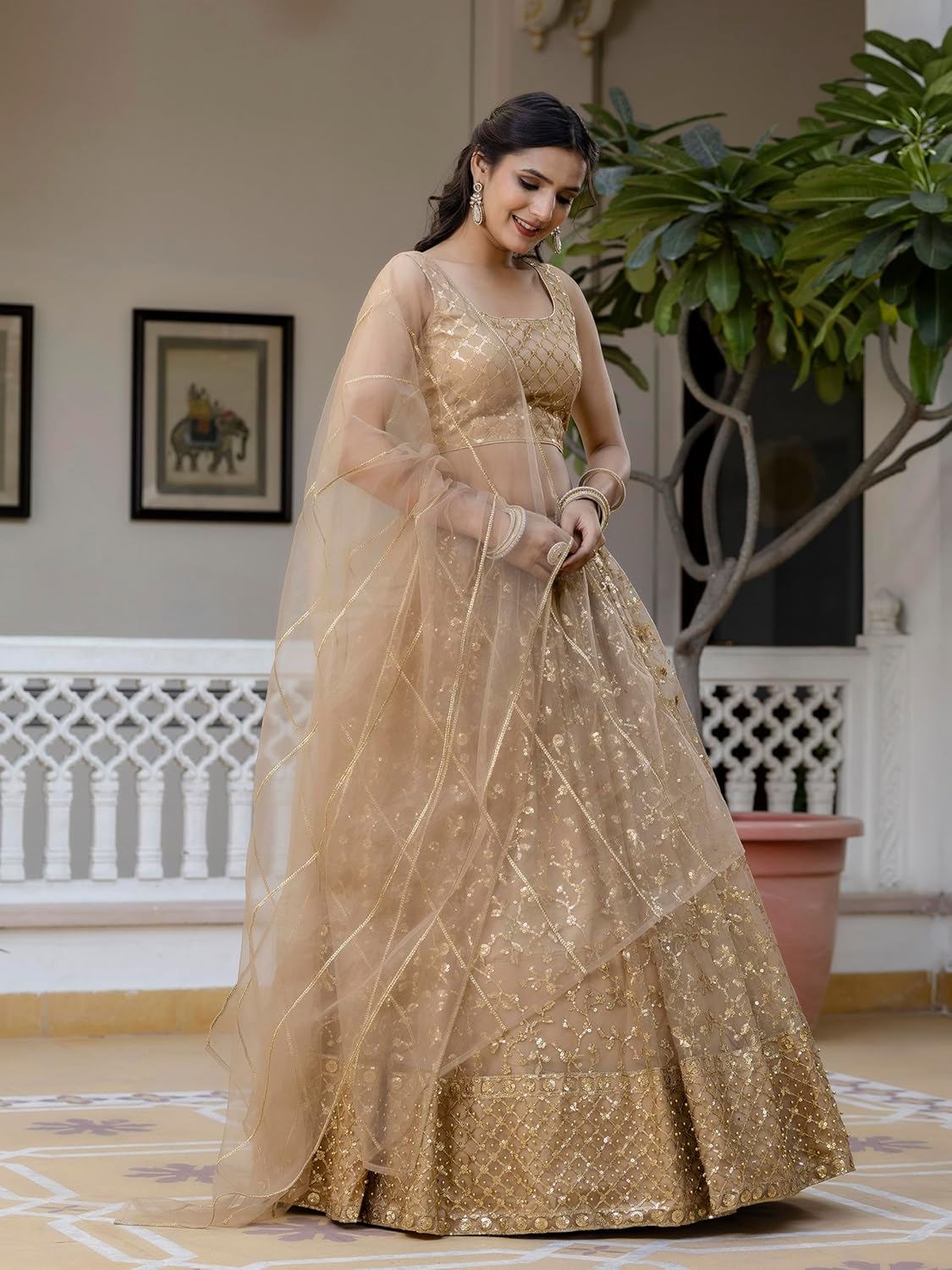 TRENDMALLS Women's Net Embroidery Sequence Work Lehenga Choli Blouse with Dupatta For Women Ready To Wear