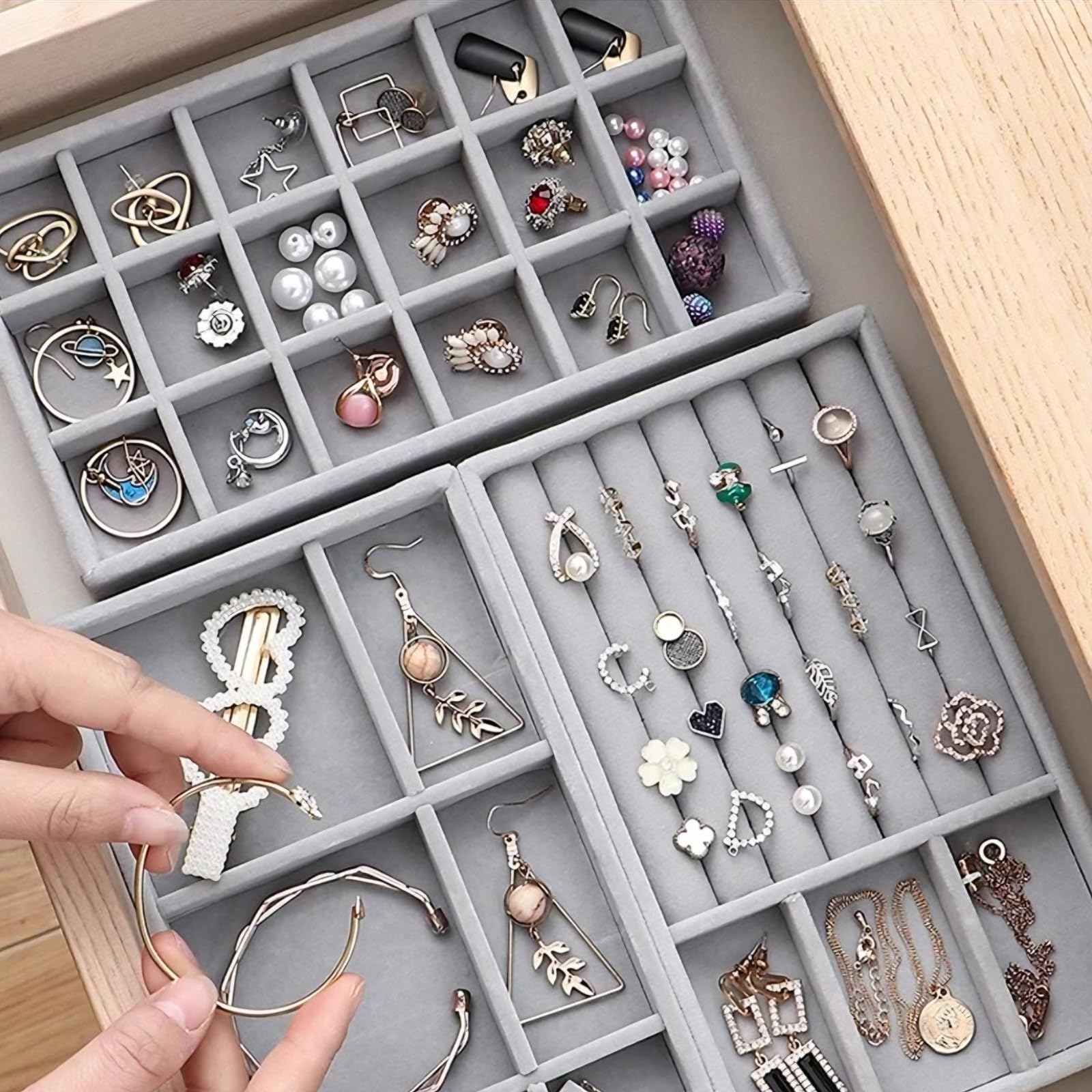 Volumoon 6 Plateaux Bijoux En Velours Empilables Gris - Organisation Parfaite Pour Tiroirs