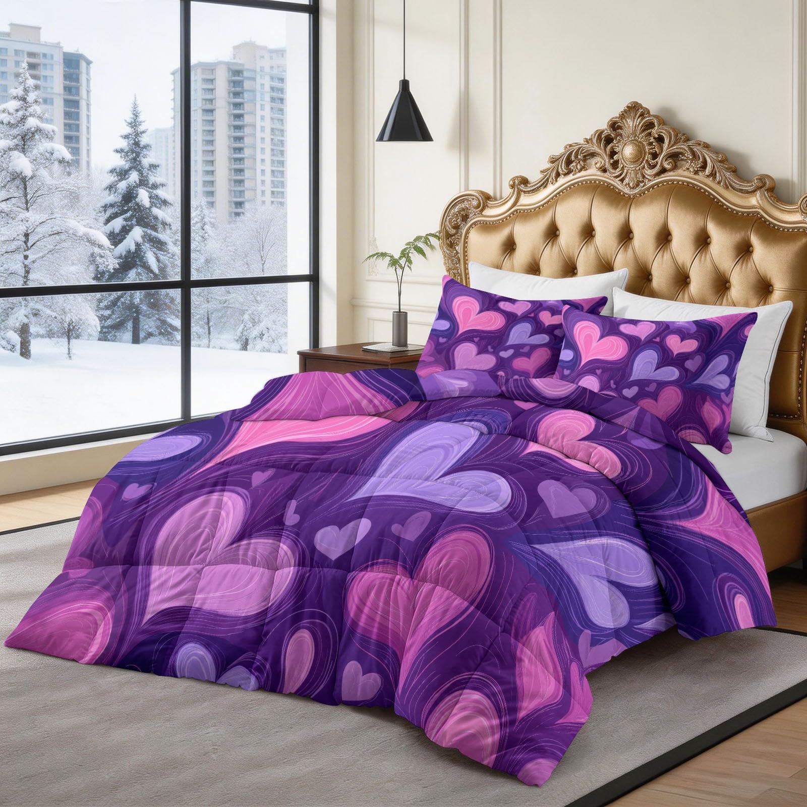 Copripiumino senza copertura con cuori rosa e viola per coppie super king estivo, copriletto trapuntato in microfibra con cartoni animati, set di piumini morbidi e traspiranti