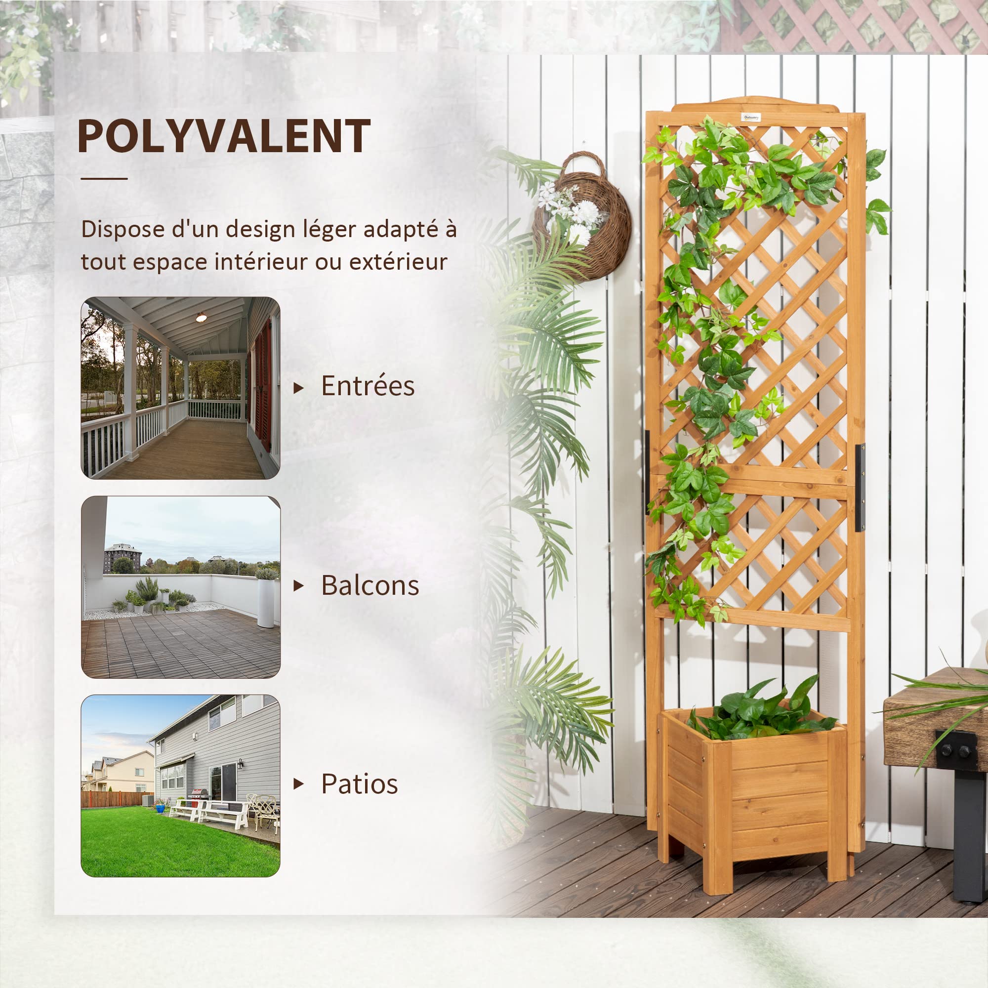 Outsunny Jardinière avec Treillis sur Pieds Bois 54,5L x 52l x 180H cm | Pour Fleurs Plantes, Sapin Pré-huilé