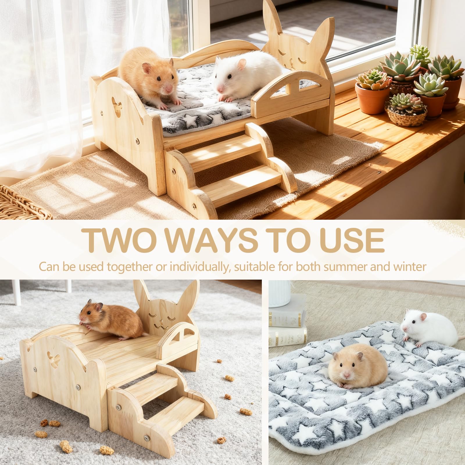 Letto per Porcellini D'India, 34 x 22 x 7 cm Letto in Legno per Piccoli Animali con Materasso Rimovibile e Scale Larghe 15,5 cm per Porcellini D'India Criceti Coniglio Furetti Ricci