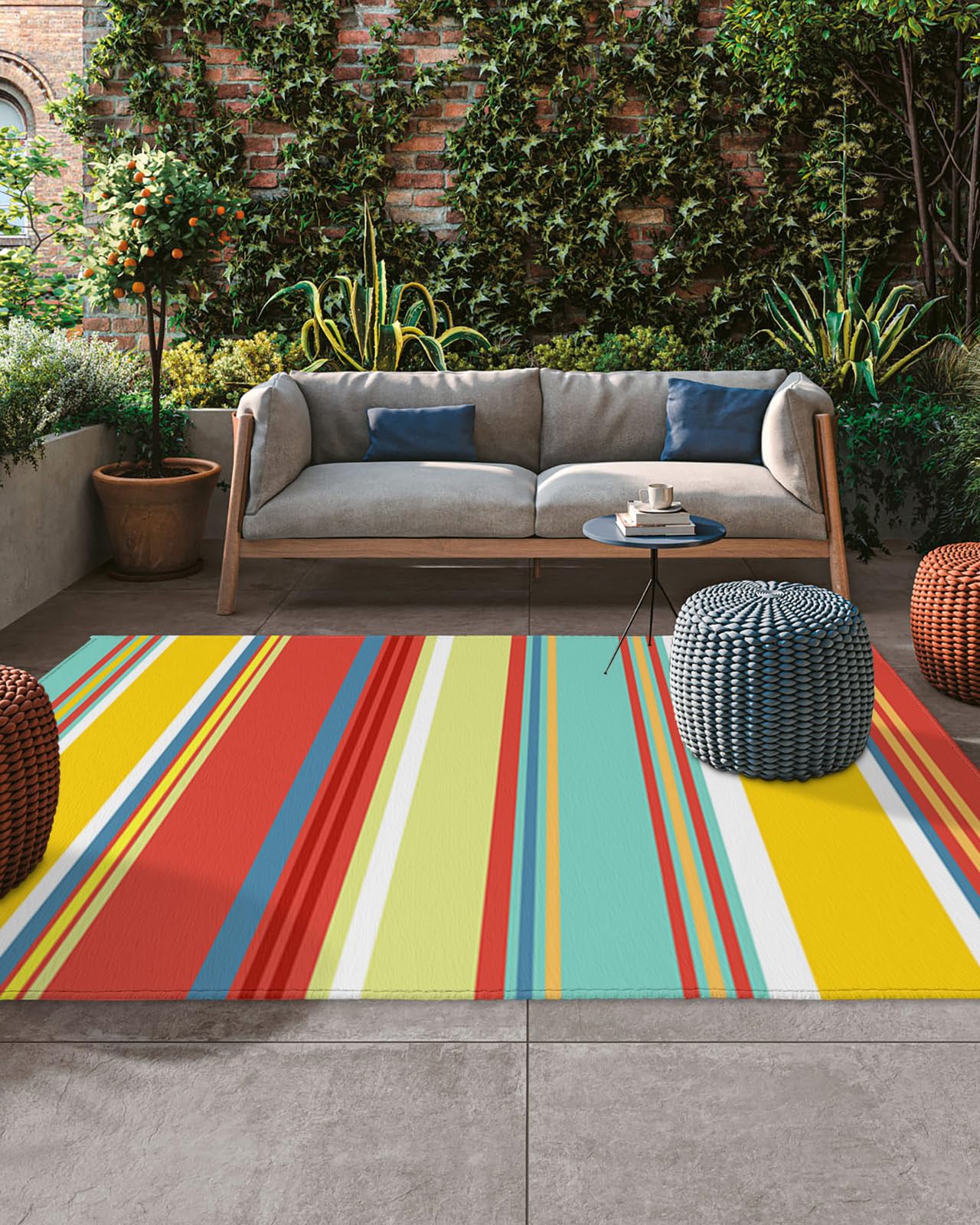 Outdoor Rug, Colorful Vertical Stripes Yellow Orange Red Green Absorbant Non-Slip Area Rugs Mat Carpet for Patio Balcony Porch Backyard Deck Rv