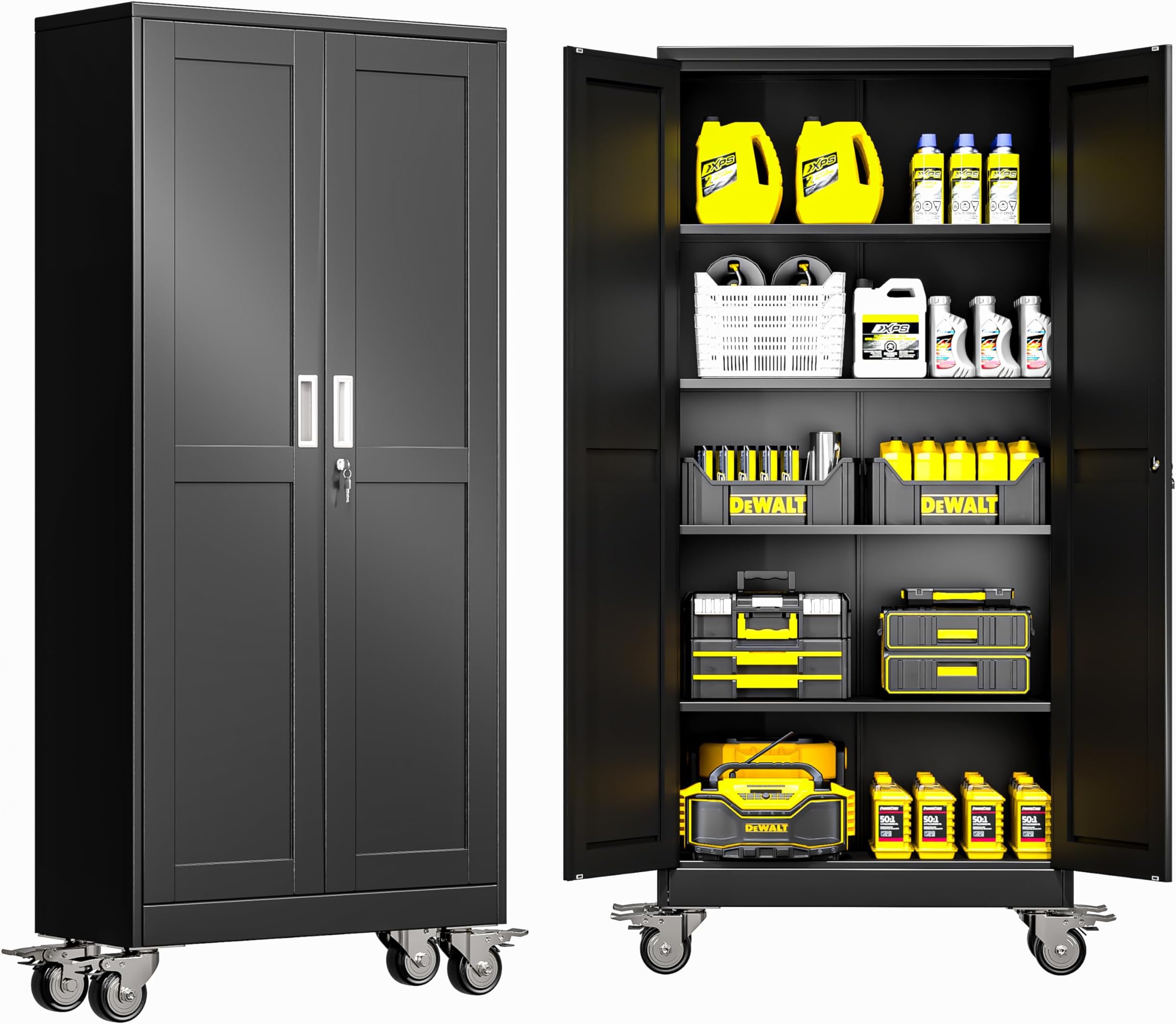 Metal Garage Storage Cabinet with Lock, Steel Tool Cabinet with 2 Door and 4 Adjustable Shelves, 71” Tall Lockable File Cabinet with Wheels, Rolling Cabinet for Home Office Garage Gym - Black
