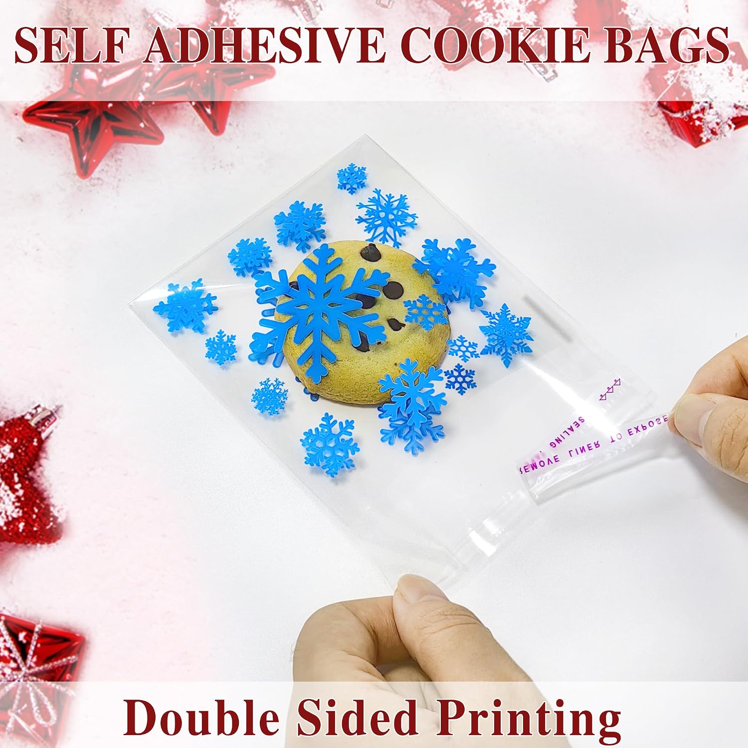 QOIUSO 200 Pcs 4x4 Inch Christmas Cookie Bags – 4 Snowflake Designs Self-Adhesive Cellophane Treat Bags for Cookies, Candies, Holiday Goodies, Party Favors, and Gift Giving image 5