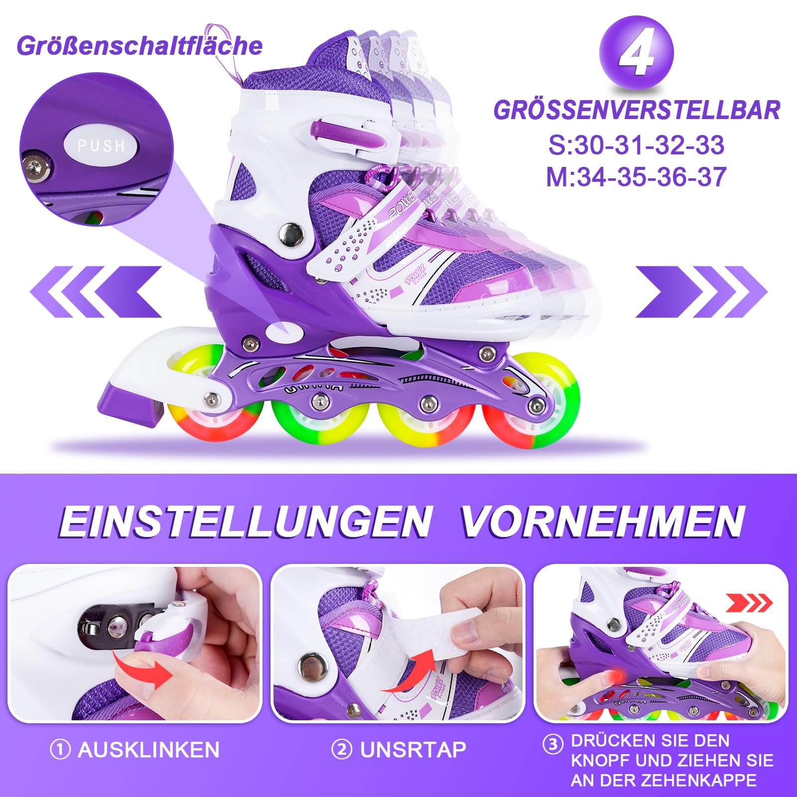JIFAR Inliner Kinder,Verstellbare Beleuchteten inliner Damen Herren 30-33 34-37,Inline Skates Mädchen Jungen Rollschuhe Kinder Größenverstellbar