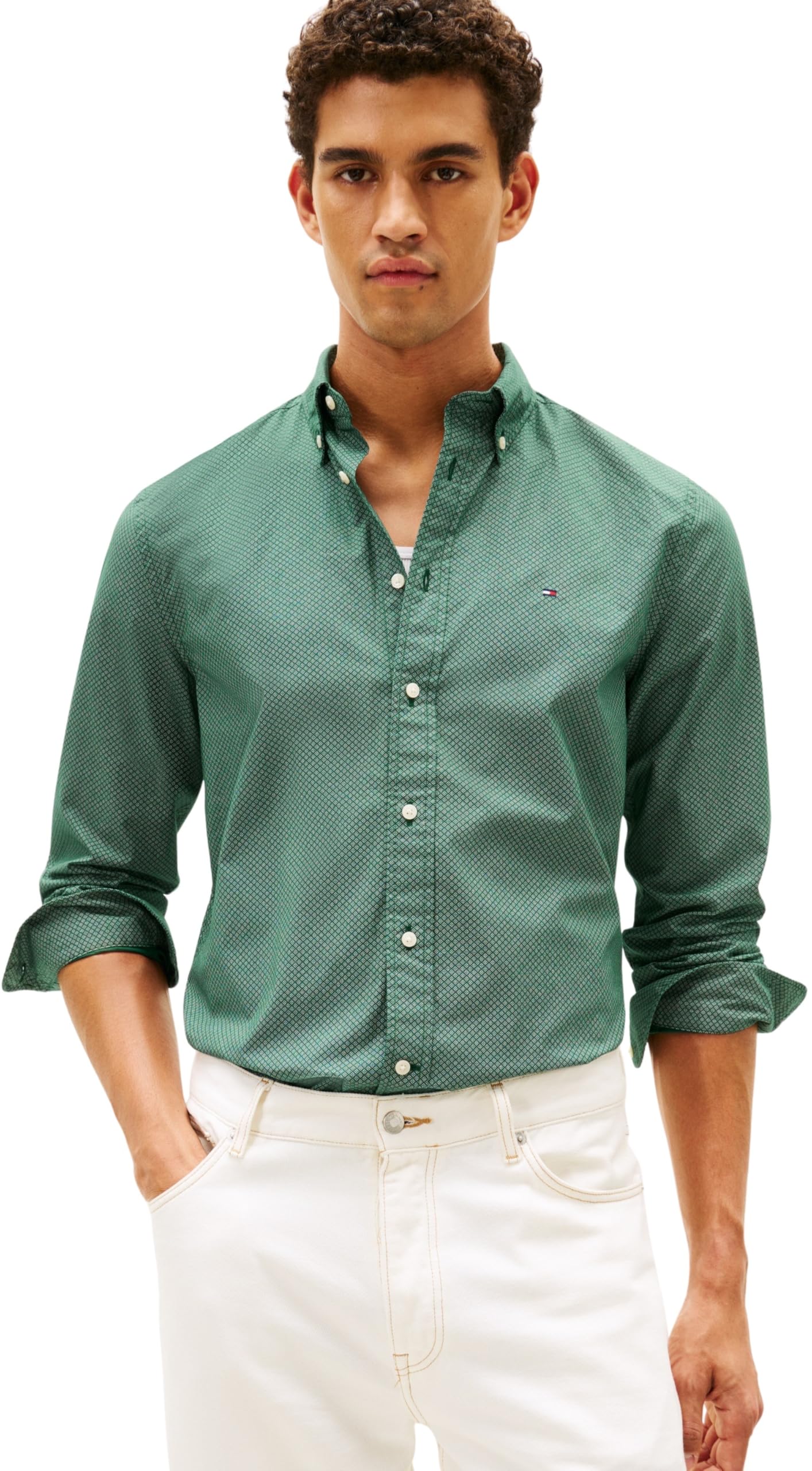 Tommy Hilfiger Men's Long-Sleeve Poplin Print Patterned Shirt - Orna Green 0H9 - XL