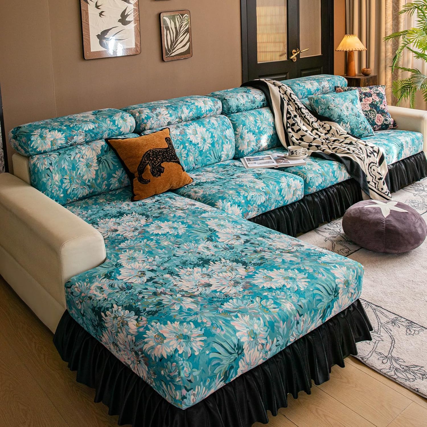 VOGOL Sectional Couch Cover Single Piece, Aqua Botanical Printed Slipcover with Ruffles, Stretch Furniture Protector for Living Room Couch, 25" x 53", 1 Piece
