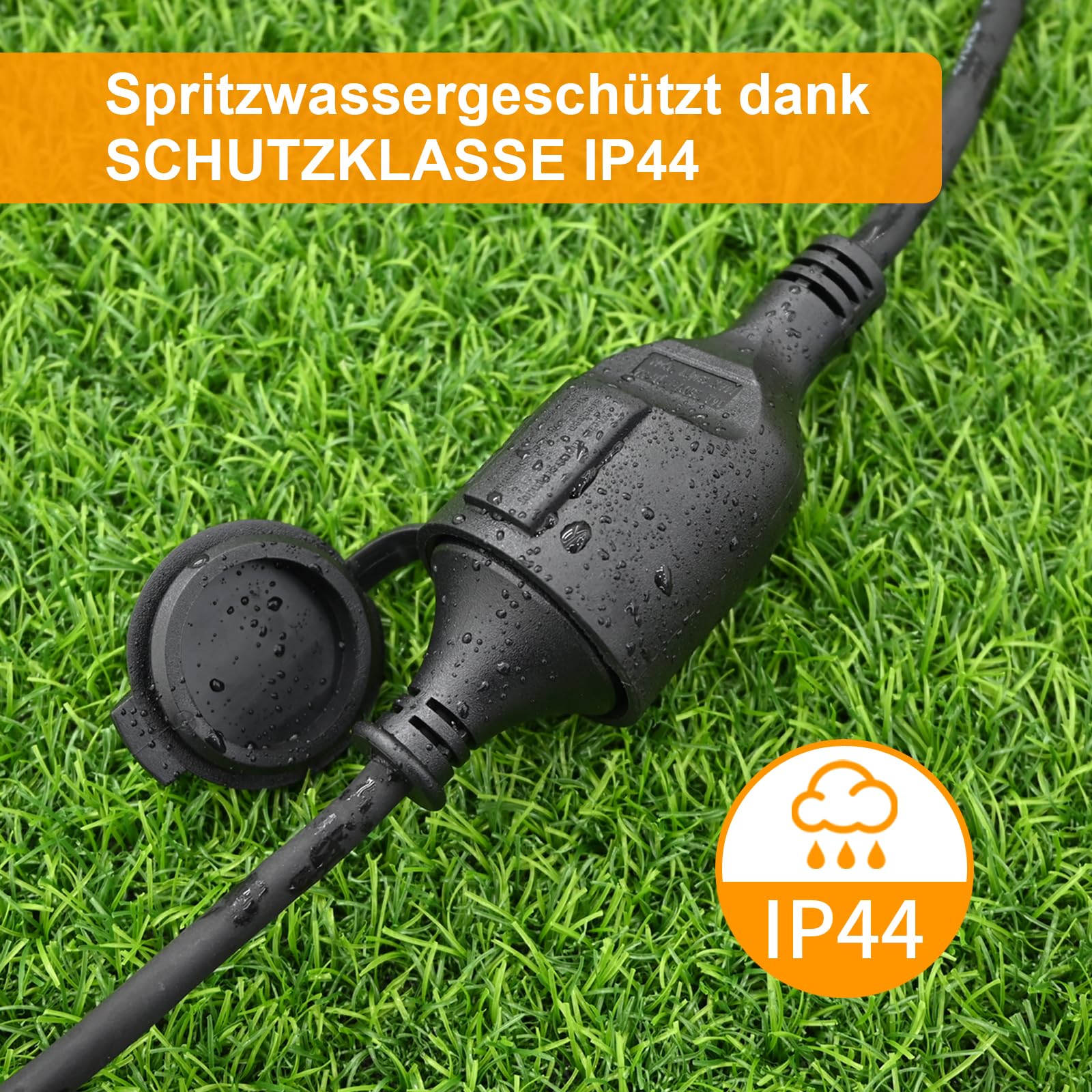 Cable alargador exterior de goma, 20 m, cable de alimentación con enchufe Schuko para exteriores, IP44, extensión de cable H05RR-F 3G1,5 mm² con tapa protectora, cable eléctrico exterior, 3500 W