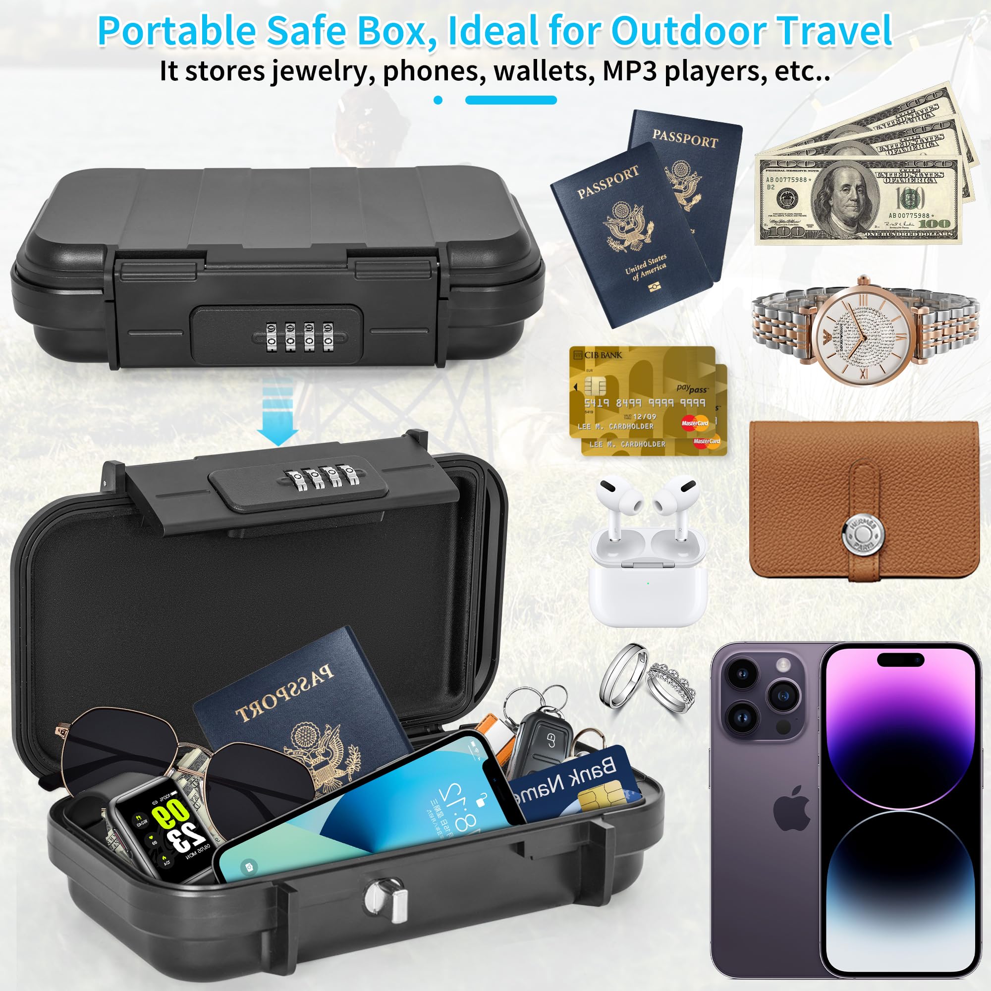 Cassaforte Portatile Con Combinazione 4 Cifre - 24x14x5.8 Cm, Impermeabile, Con Cavo D'Acciaio | Nero - Foto 10