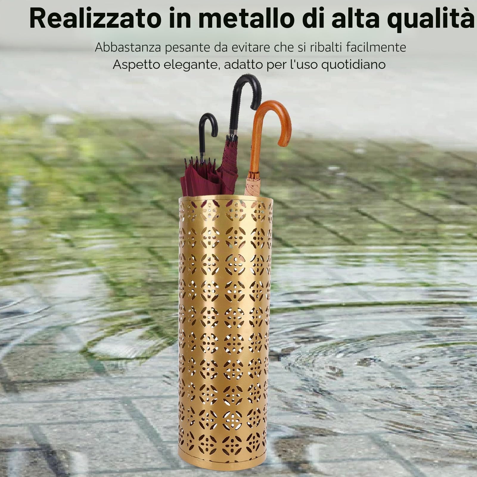 Pyhodi Portaombrelli, Portaombrelli in Metallo per Ingresso, Design Cavo Elegante e Compatto a Prova di Ruggine, Mantieni i Tuoi Pavimenti Asciutti e Ordinati con il Nostro (GOLD)