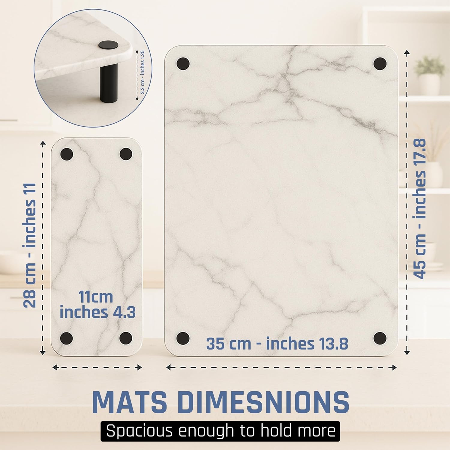 large stone drying mat for kitchen counter 17.8" x 13.8" w/ stone sink tray - diatomaceous earth dish drying mat w/ 8 screw legs - water absorbing kitchen sink tray