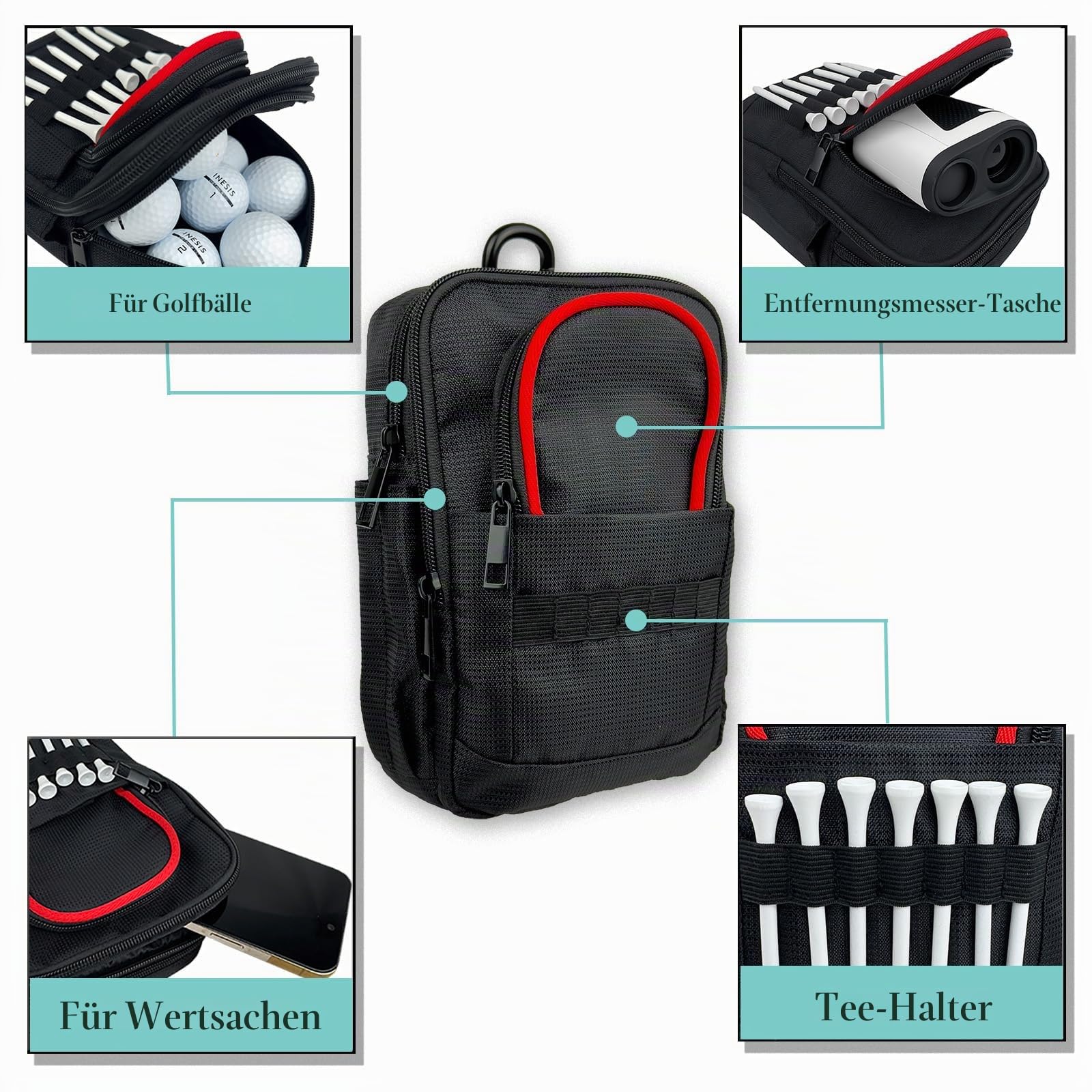 Taktische Golf-Wertsachen-Tasche mit Karabiner, wasserabweisend, Golftasche, Tasche für Gürtel, Wagen oder Rucksack, kompakte Golf-Zubehörtasche für Bälle, Tees, Handschuhe und EDC-Ausrüstung, Schwarz