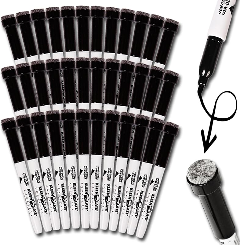 KleenSlate (36) Black Low Odor, Non-Toxic Dry Erase Markers with Eraser Cap, Bullet Point