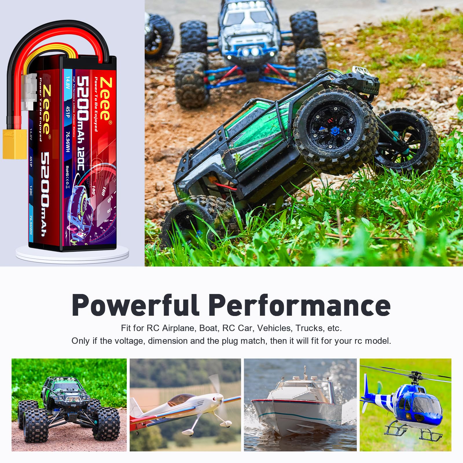 Zeee 4S Lipo Akku 14,8V 120C 5200mAh RC Akku Hardcase mit XT90 Stecker für RC-Auto, RC-Buggy, Truggy, Renn-Truck im Maßstab 1/10, RC-Boot, Renn-Hobbymodelle (2Pack)