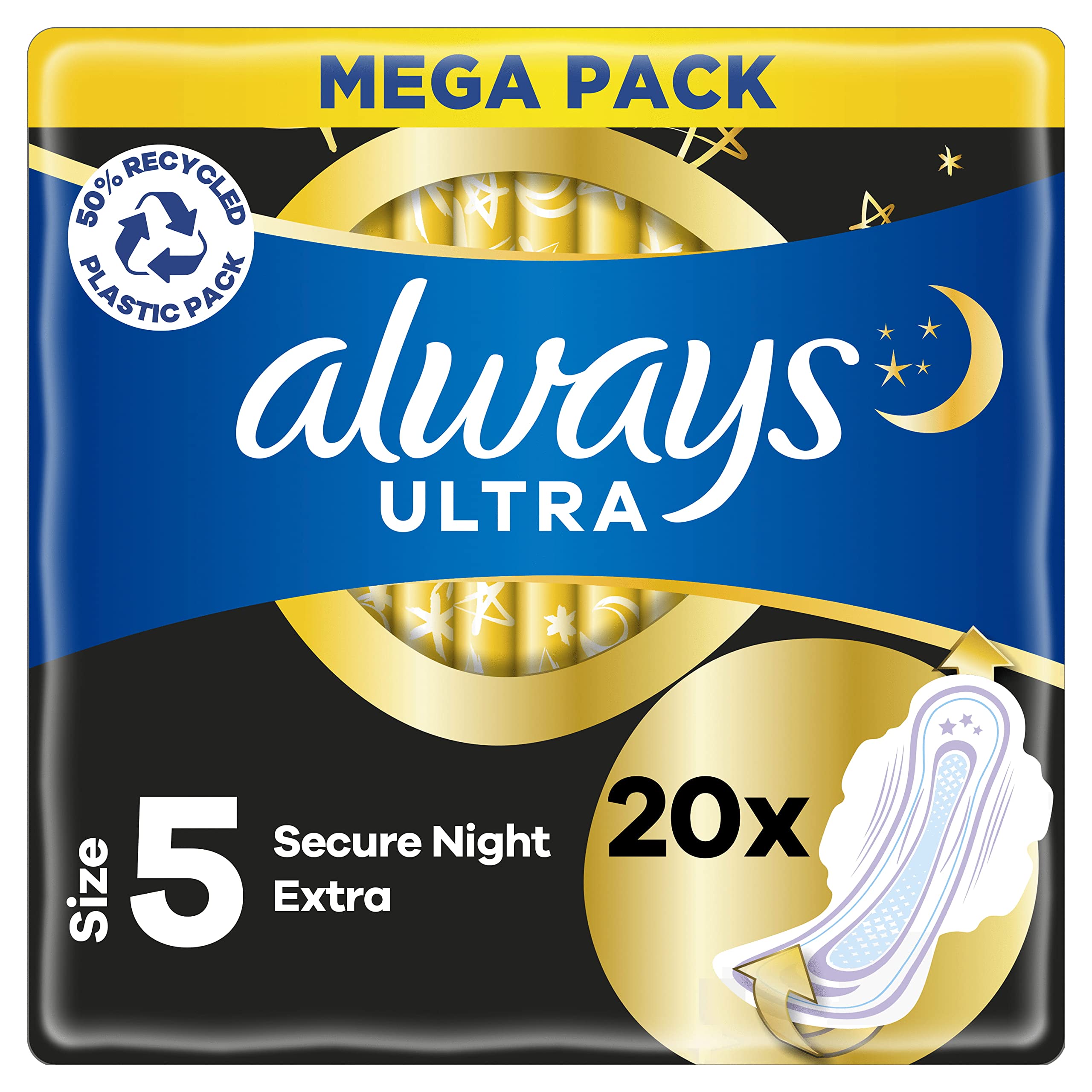 AlwaysUltra Sanitary Towels with Wings, Secure Night, Size 5, 80 Towels (20 x 4 Packs), MEGA Pack, Odour Neutraliser, Absorbent Core