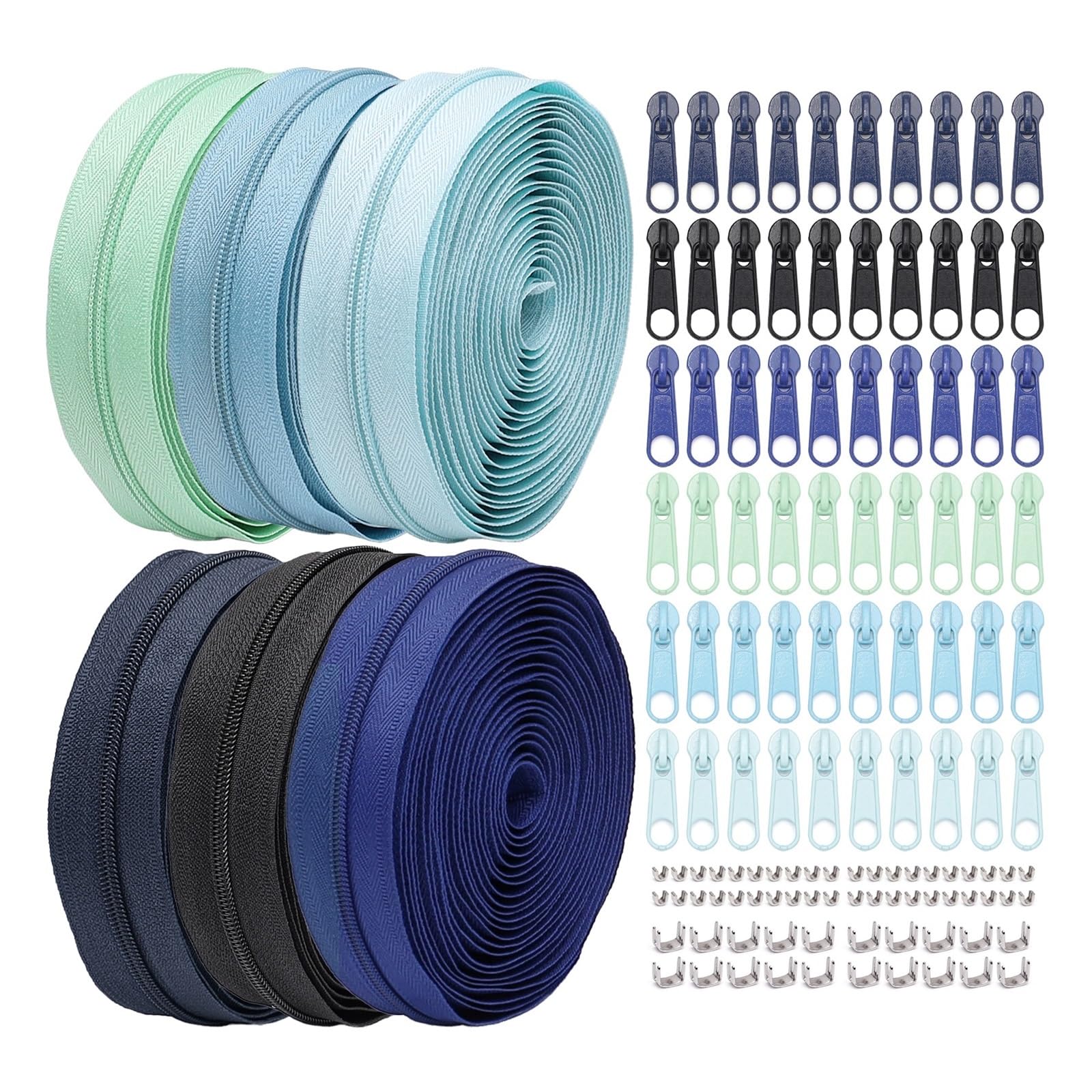 1 Set (6-farbig) Nylon-Reißverschluss-Set: 30 Yards Reißverschlüsse (6 Stück × je 5 Yards) + 60 Reißverschluss-Schieber (10 6 Farben) + 20 Bodenringe Für Kleidung(Type 1)