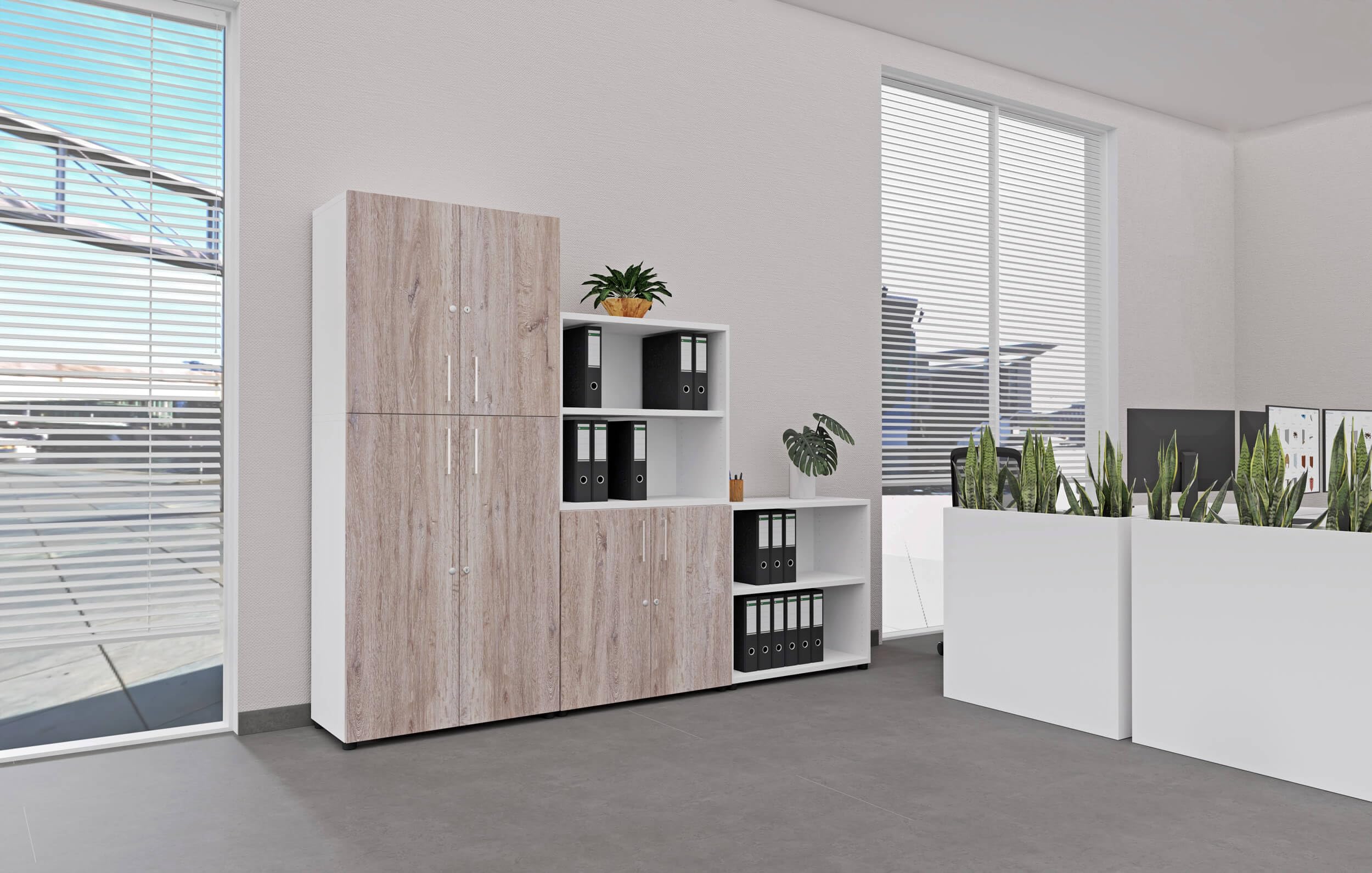 Eigentlich Aktenschrank Holz B80xT40cm, Stabiler Büroschrank in versch. Größen und Farben, Mehrzweckschrank abschließbar, Büromöbel (Korpus Lichtgrau, Front Anthrazit, 4OH - 80x40x153cm)