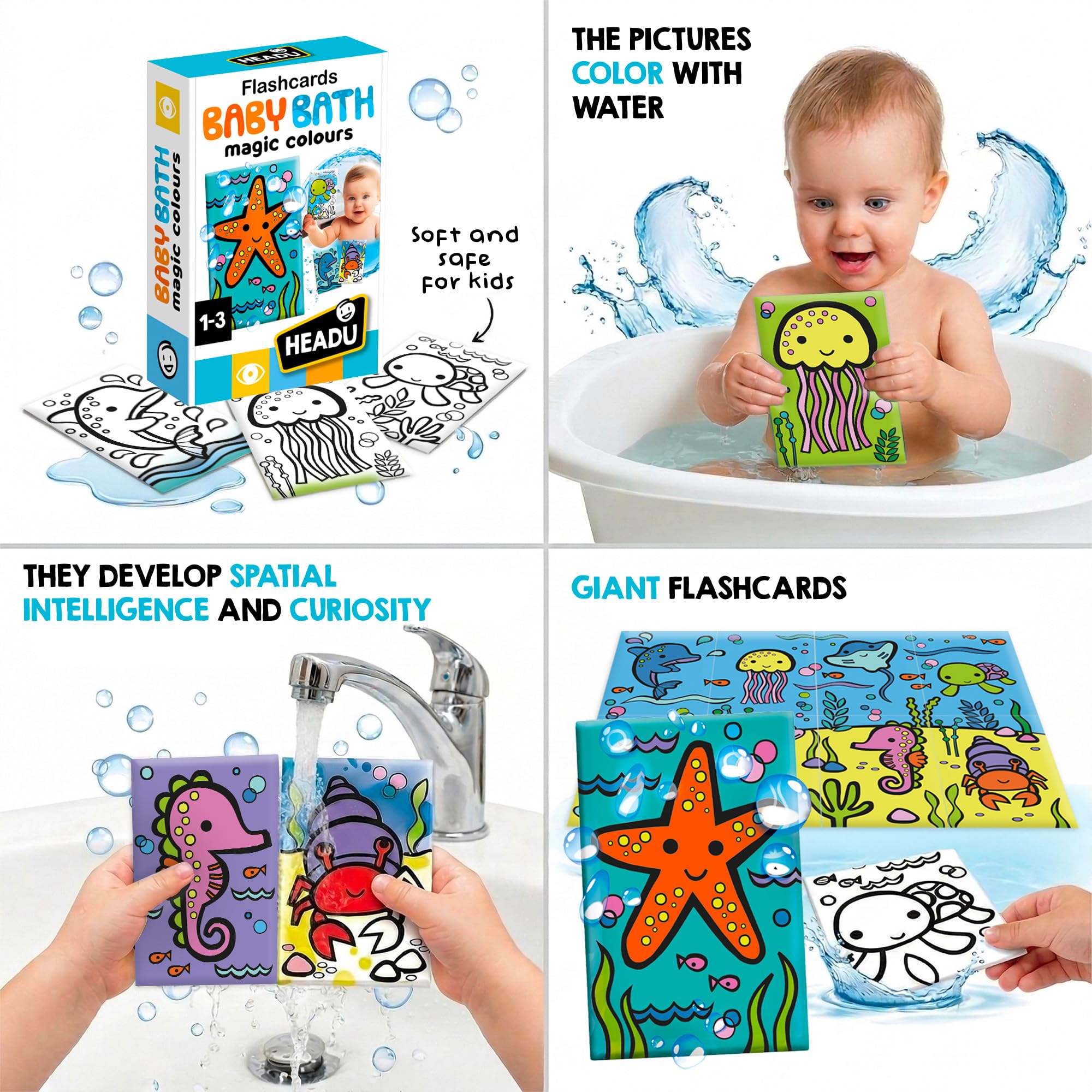 HEADU - Flashcards Baby Bath - Odkryj magię kolorów wodą | Magiczne karty do kąpieli, gry edukacyjne dla dzieci w wieku 1-3 lat, karty zwierząt, doświadczenie zmysłowe, prezent na Boże Narodzenie