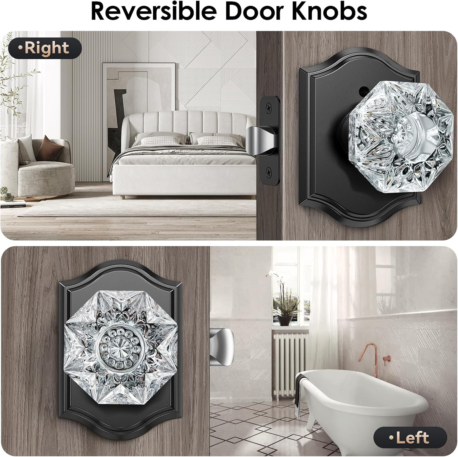 3 Pack Glass Door Knobs, Black Crystal Door Knobs Interior with Lock for Privacy Use, Antique Octagonal Glass Doorknobs for Bedroom Bathroom Interior Doors