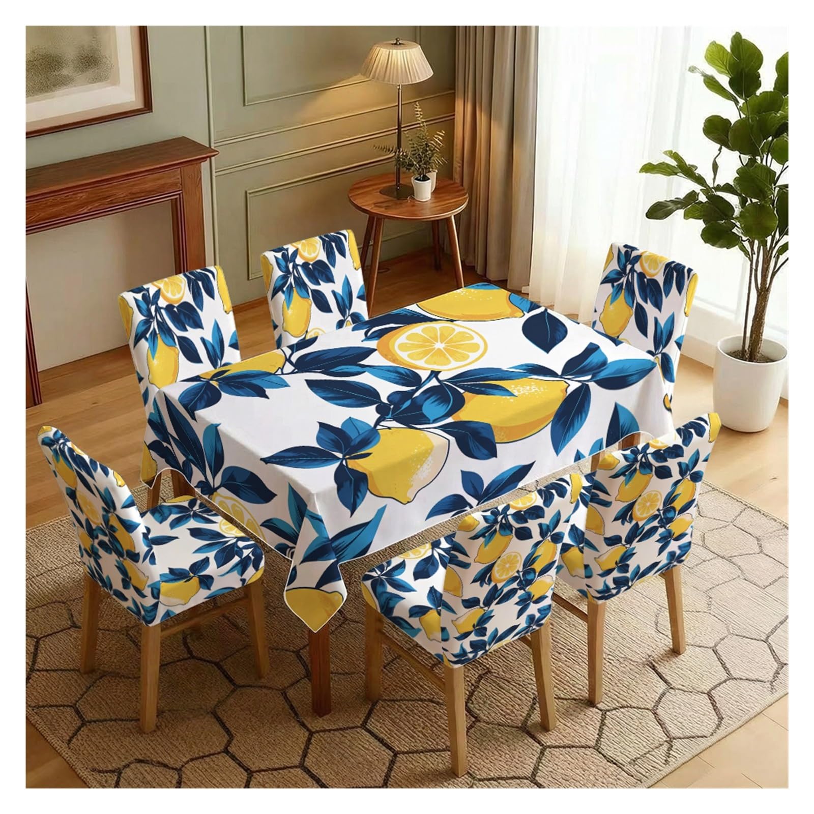 KXUAUV Lemon Print Tablecloth & Chair Covers Set, Slipcovers For Dining Room, Kitchen, Patio & Summer Party Decor, 5/7 Pack Party Decor(7pcs Set: Tablecloth+Chair Covers)