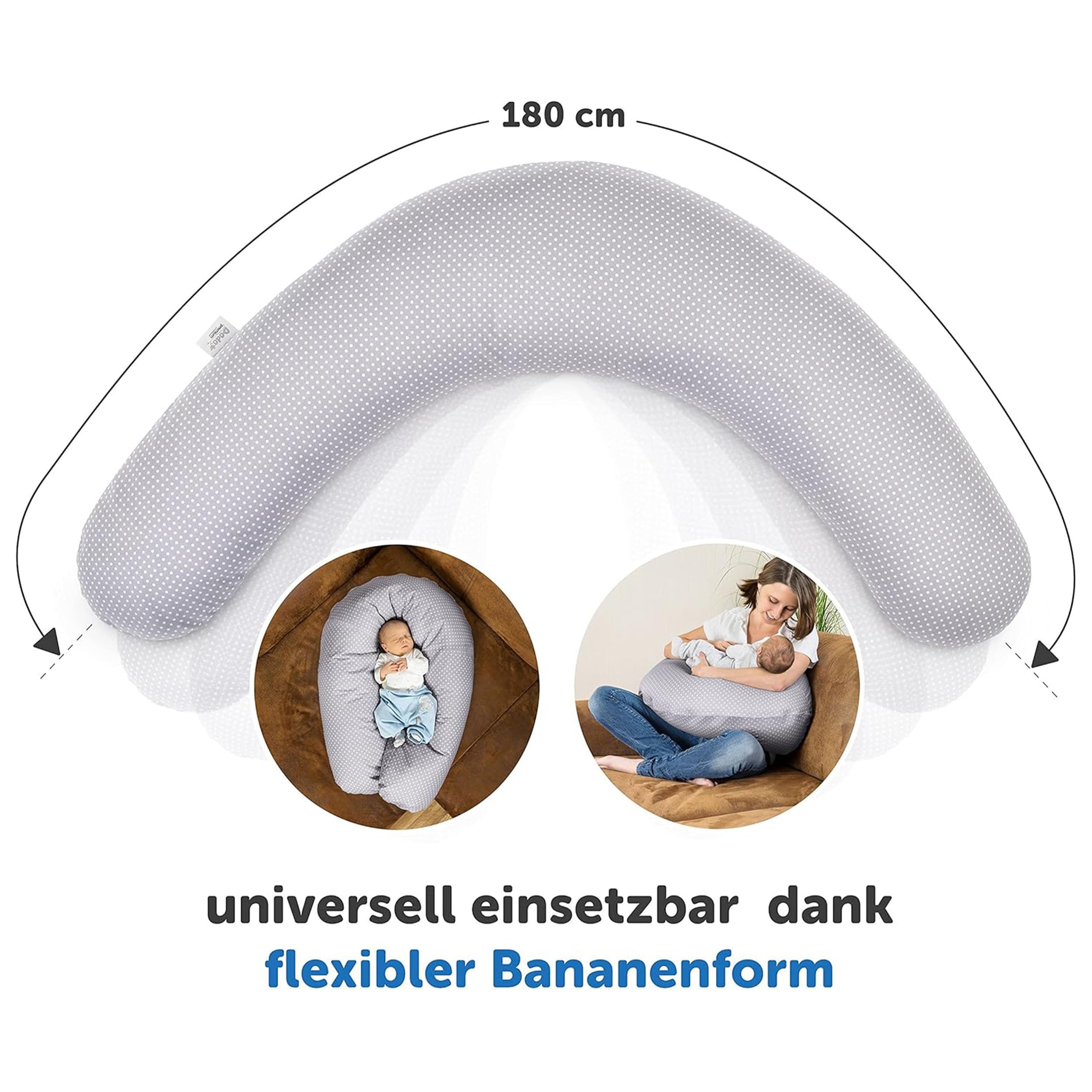 Theraline Stillkissen & Schwangerschaftskissen Dodo Pillow Premium - 180 cm inkl. Bezug aus Baumwolle - Leise und feine Perlen, schadstoffgeprüft, maschinenwaschbar - Punkte Grau