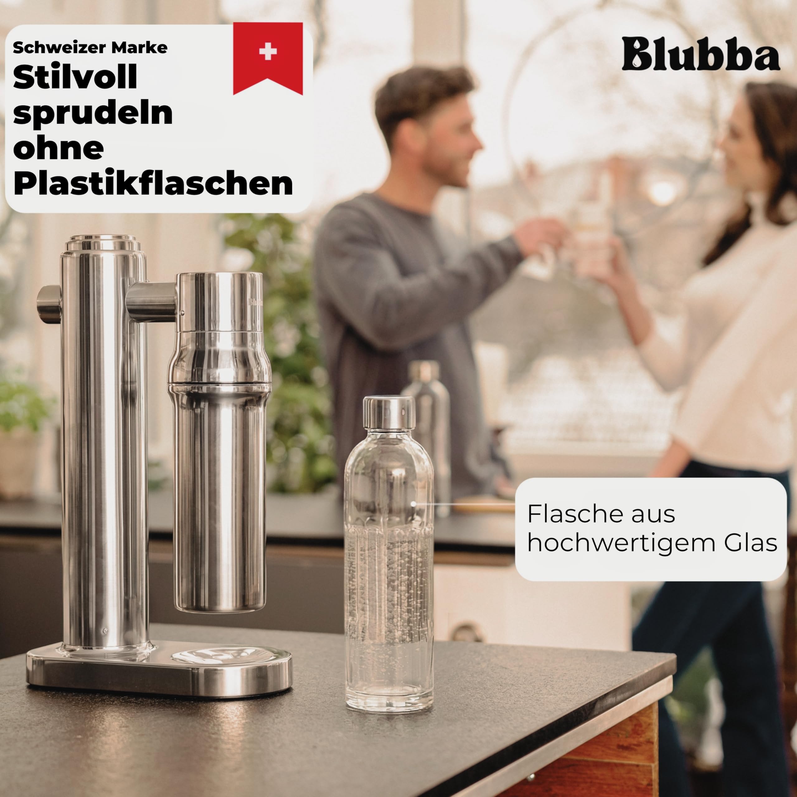 Wassersprudler Edelstahl mit Glasflasche 650 ml – BPA-frei, geschmacksneutral, spülmaschinengeeignet. Edle Sodamaschine für feinperliges Sprudelwasser. Soda Maker.