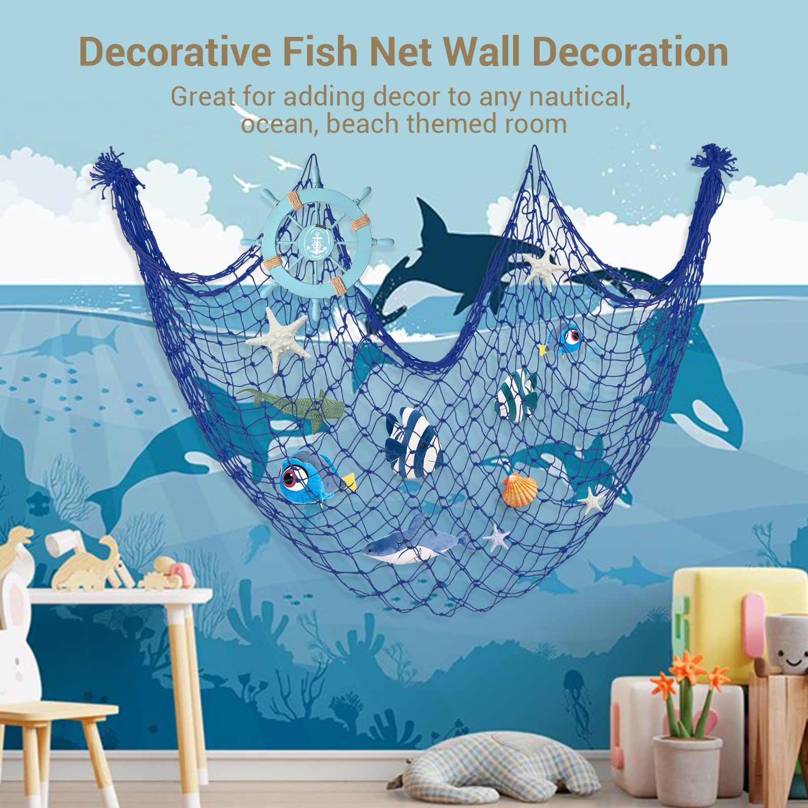 2 Pack Fish Net Decorations, 80x40 Inch Navy Blue Fishing Net Decor for Under The Sea Hawaiian Beach Theme Party, 3mm Thick Natural Cotton Versatile Nautical Netting for Party Wall Table