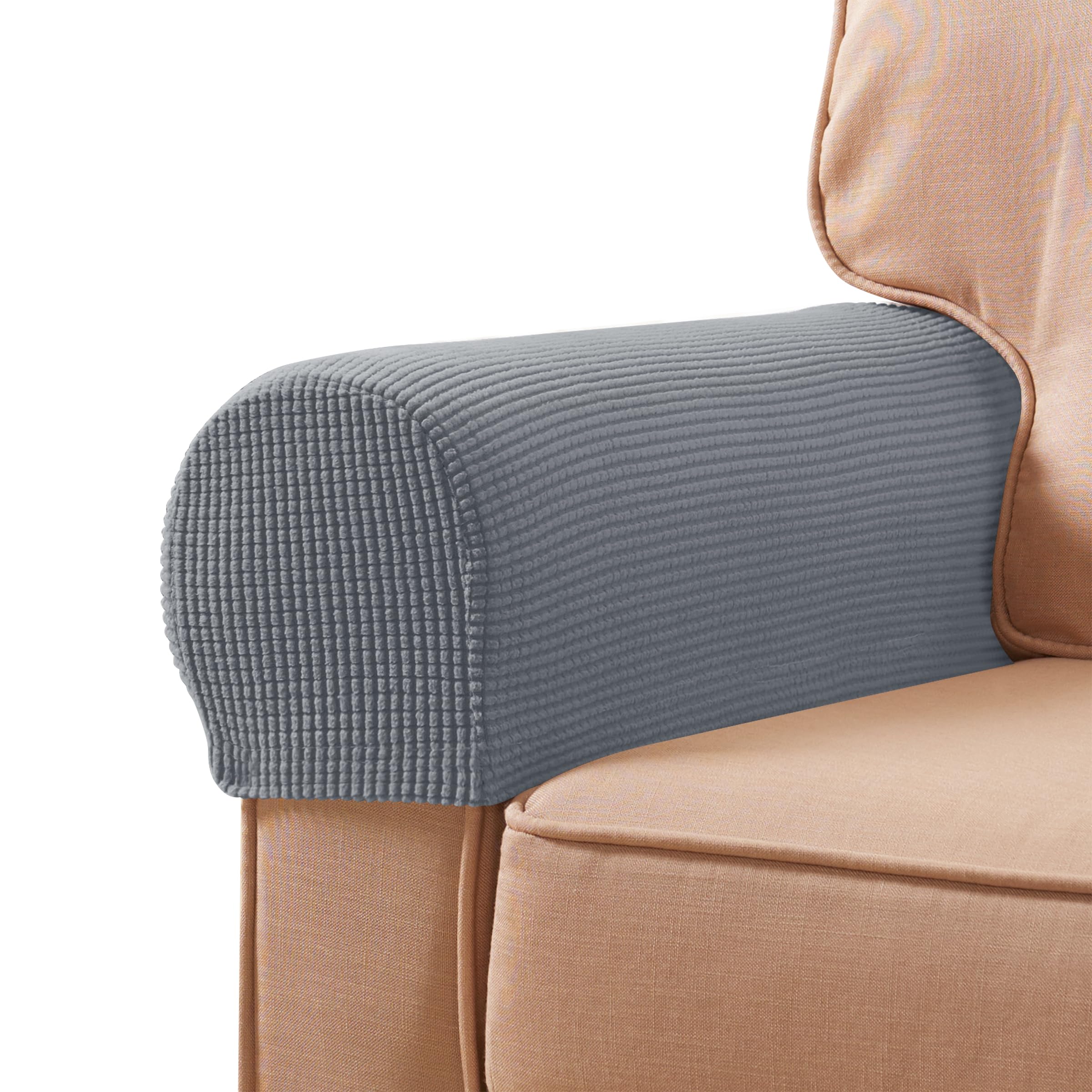 Photo 1 of SUBRTEX Stretch Couch Arm Covers Set of 2, Checkered Sofa Arm Slipcovers, Anti-Slip Armrest Covers for Recliner and Armchairs, Pet Proof, High Stretchy, Hook & Loop Tape, Light Gray
