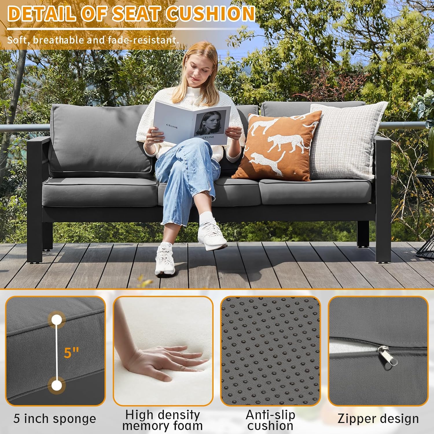 Aluminum Patio Set, 3-Seat Outdoor Furniture Set with 5 Inch Cushions, Patio Furniture Sets with Waterproof Covers for Backyard Garden(Grey)