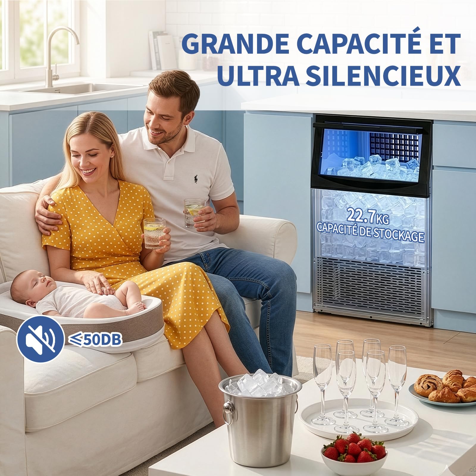 LEADZM Machine à Glaçons Commerciale 50 kg/24h, Capacité de Stockage 23 kg, 50 Glaçons par Cycle, Acier Inoxydable, Nettoyage Automatique, Idéale pour Bar, Restaurant et Café