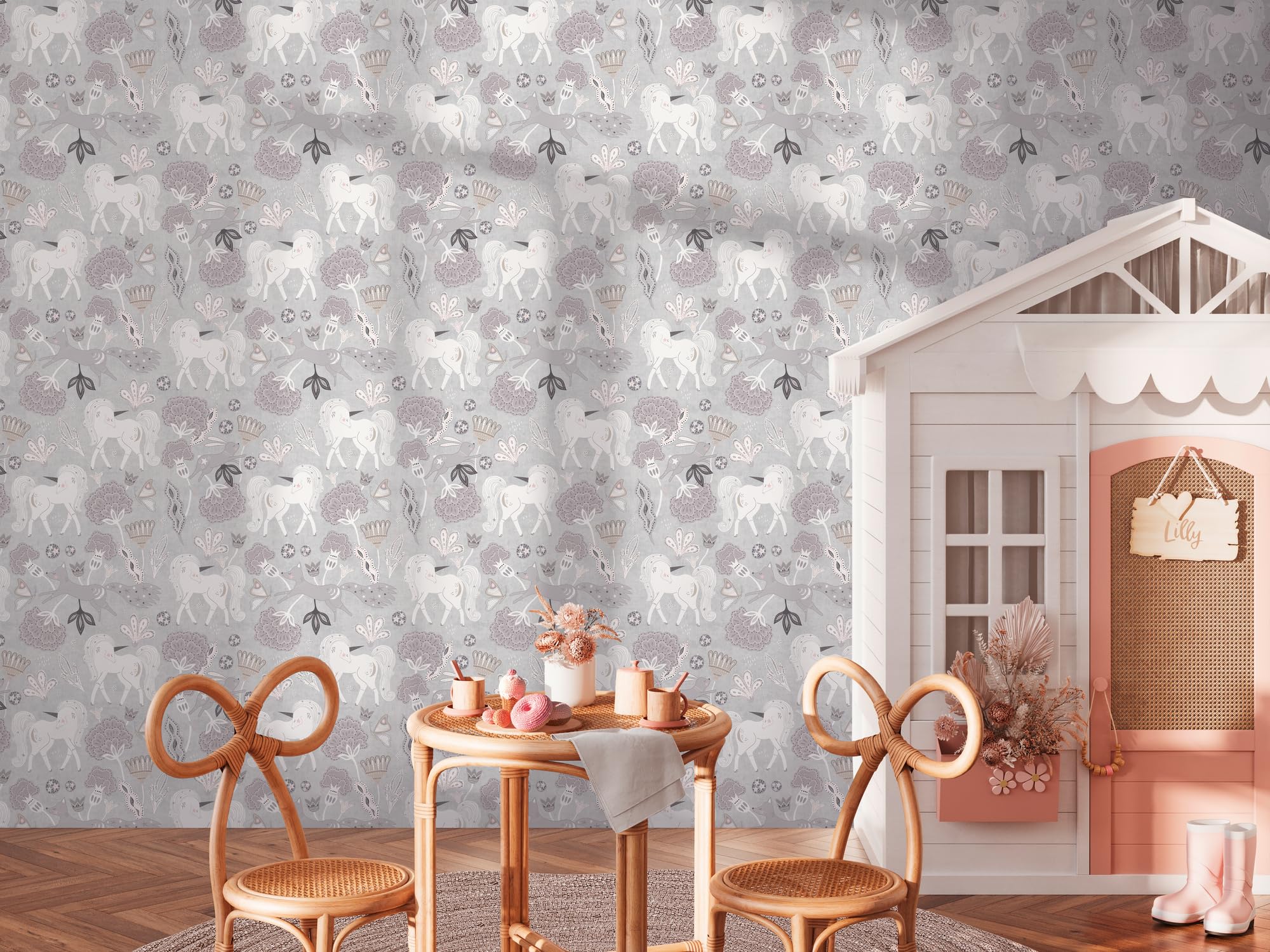 A.S. Création Lilly & Luis papel pintado no tejido con motivo para niños en gris, rosa, blanco – papel pintado unicornios 10,05 x 0,53 m – 771381