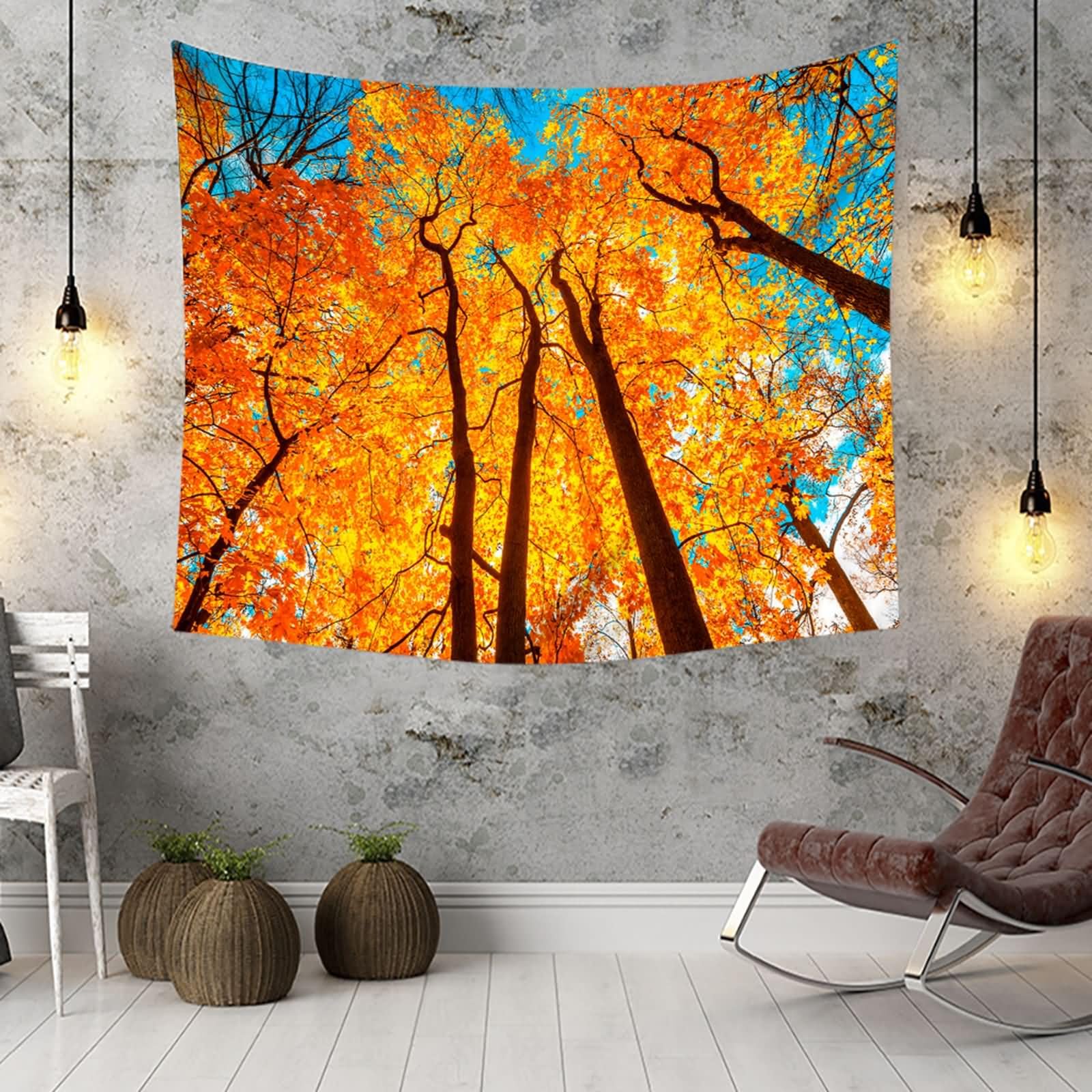 Homxi Tapiz Decorativo Sofa 260 W x 240 H CM, Hojas de Otoño, Tapiz para Sala Poliéster, Naranja Azul