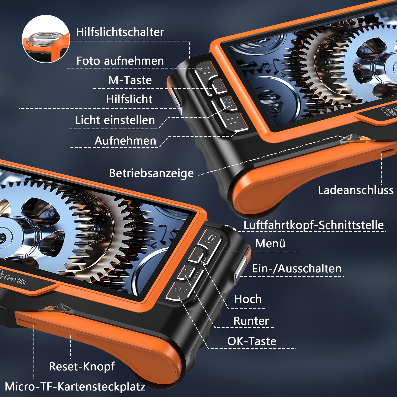 7" IPS Endoskopkamera mit Licht, 1920P HD Doppellinse - IP68 wasserdichte Inspektionskamera, 8+1 LED Rohrkamera, Halbstarres Kabel mit Taschenlampe, Auto, Rohre & Haus, Plug & Play - 5m/16ft