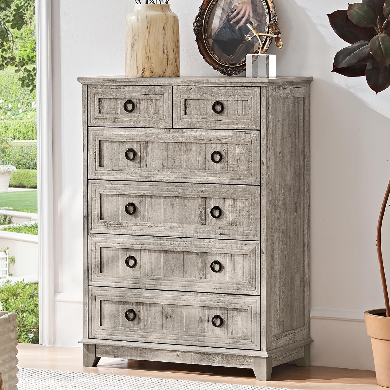 Bedroom Dresser and Nightstand Sets 4 Piece, Farmhouse 6 Drawers Dresser & 40.5" Tall Chest of Drawers, 18" Nightstands Set of 2, 54" Wide Furniture Dressers for Bedroom, Living Room, Grey