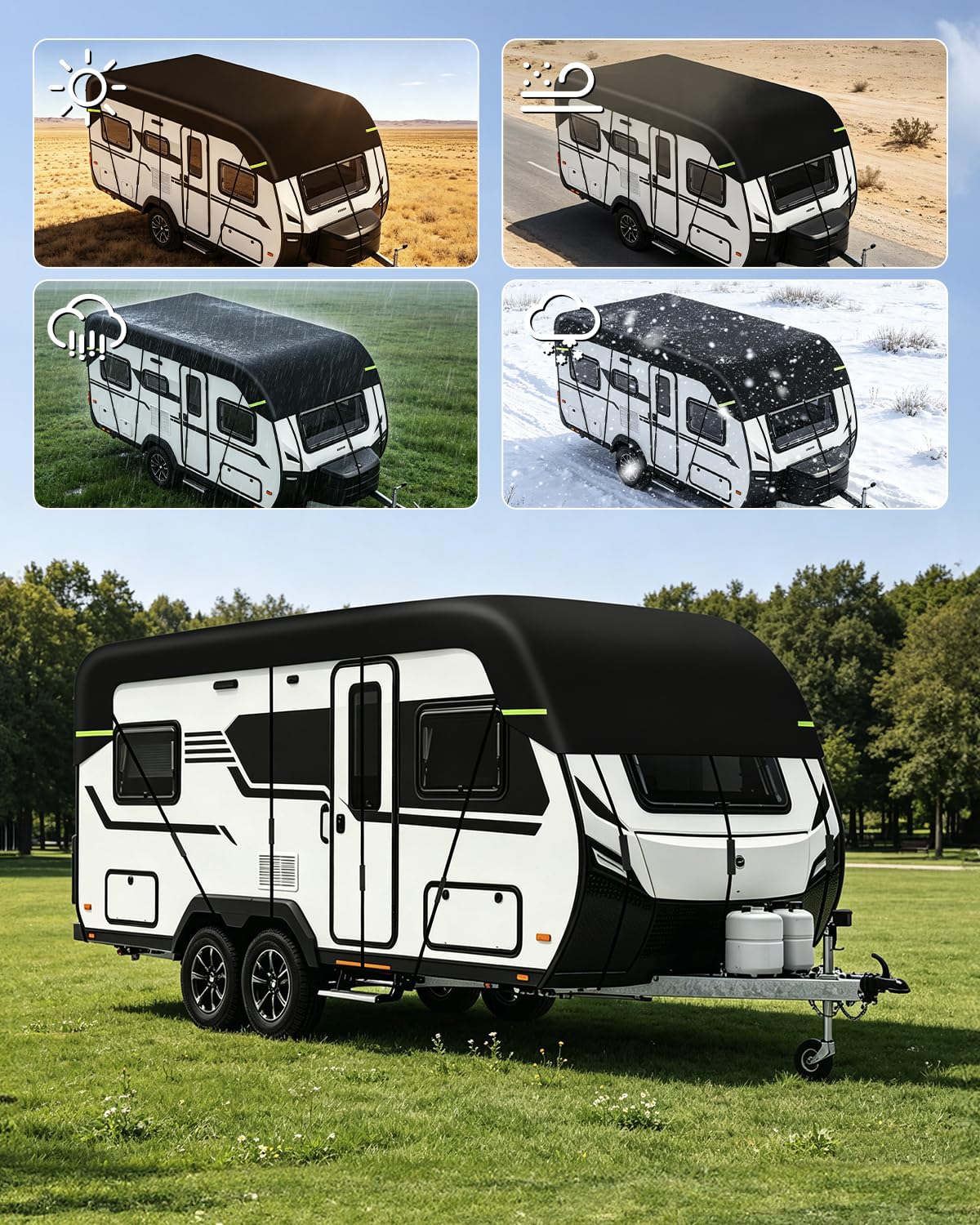 7,5x3m Wohnwagen Abdeckung Wasserdicht,210D Oxford Abdeckplane Wohnmobil Dachabdeckung für Wohnwagen Reißfest Schützt vor UV Regendicht