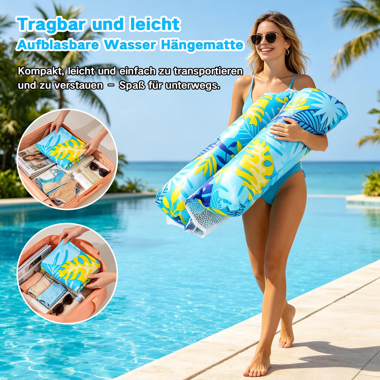 Luftmatratze Pool, 2 Stück Pool Zubehör Wasserhängematte Erwachsene, 4 IN 1 Aufblasbarer Luftmatratze Wasser Mit Netz Für Pool Meer Strand See（Blau + Rot）